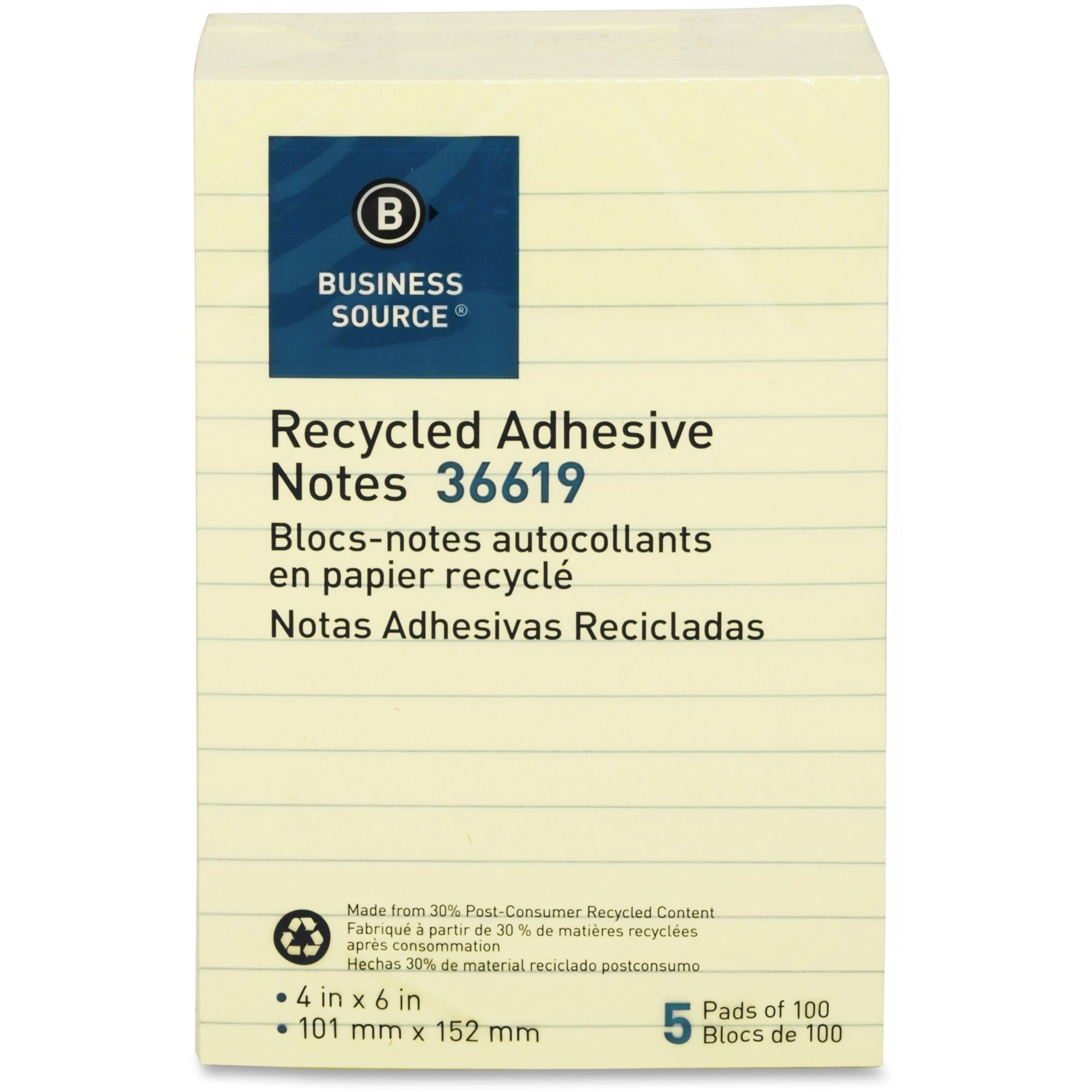 Business Source Yellow Adhesive Notes - 4" x 6" - Rectangle - Ruled - Yellow - Self-adhesive, Removable - 5 / Pack - Recycled -