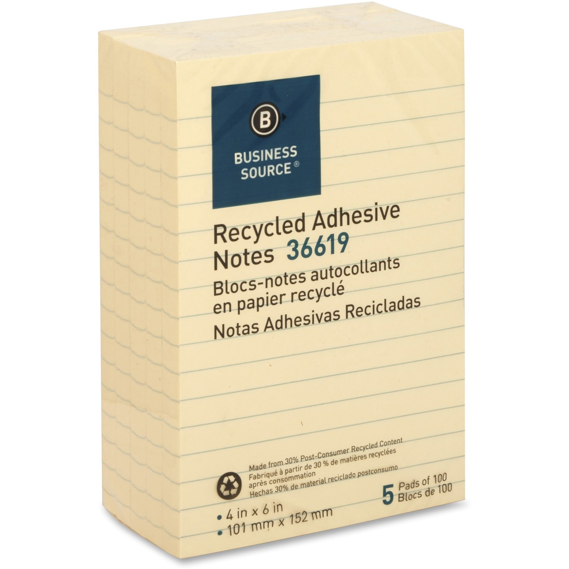 Business Source Yellow Adhesive Notes - 4" x 6" - Rectangle - Ruled - Yellow - Self-adhesive, Removable - 5 / Pack - Recycled -