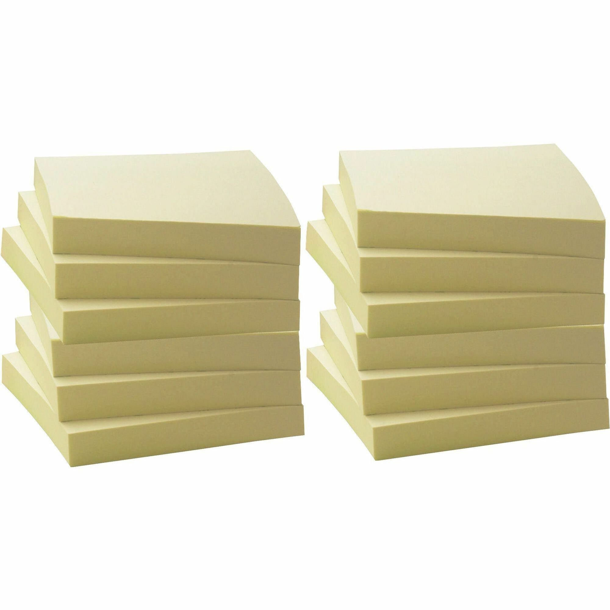 Business Source Yellow Adhesive Notes - 3" x 3" - Square - 100 Sheets per Pad - Unruled - Yellow - Self-adhesive, Removable - 12 / Pack - Recycled -