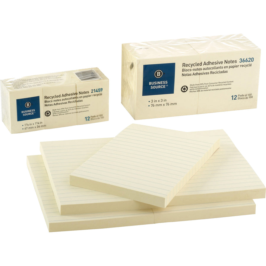 Business Source Yellow Adhesive Notes - 3" x 3" - Square - 100 Sheets per Pad - Unruled - Yellow - Self-adhesive, Removable - 12 / Pack - Recycled -