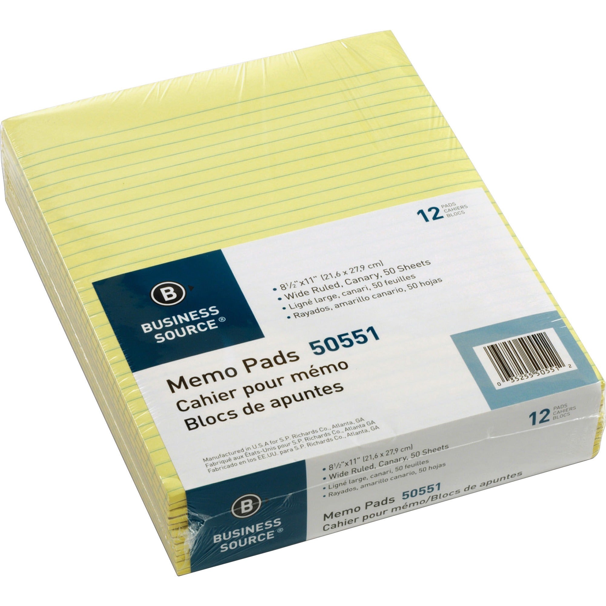 Business Source Glued Top Ruled Memo Pads - Letter - 50 Sheets - Glue - 16 lb Basis Weight - Letter - 8 1/2" x 11" - Canary Paper - 1 Dozen -