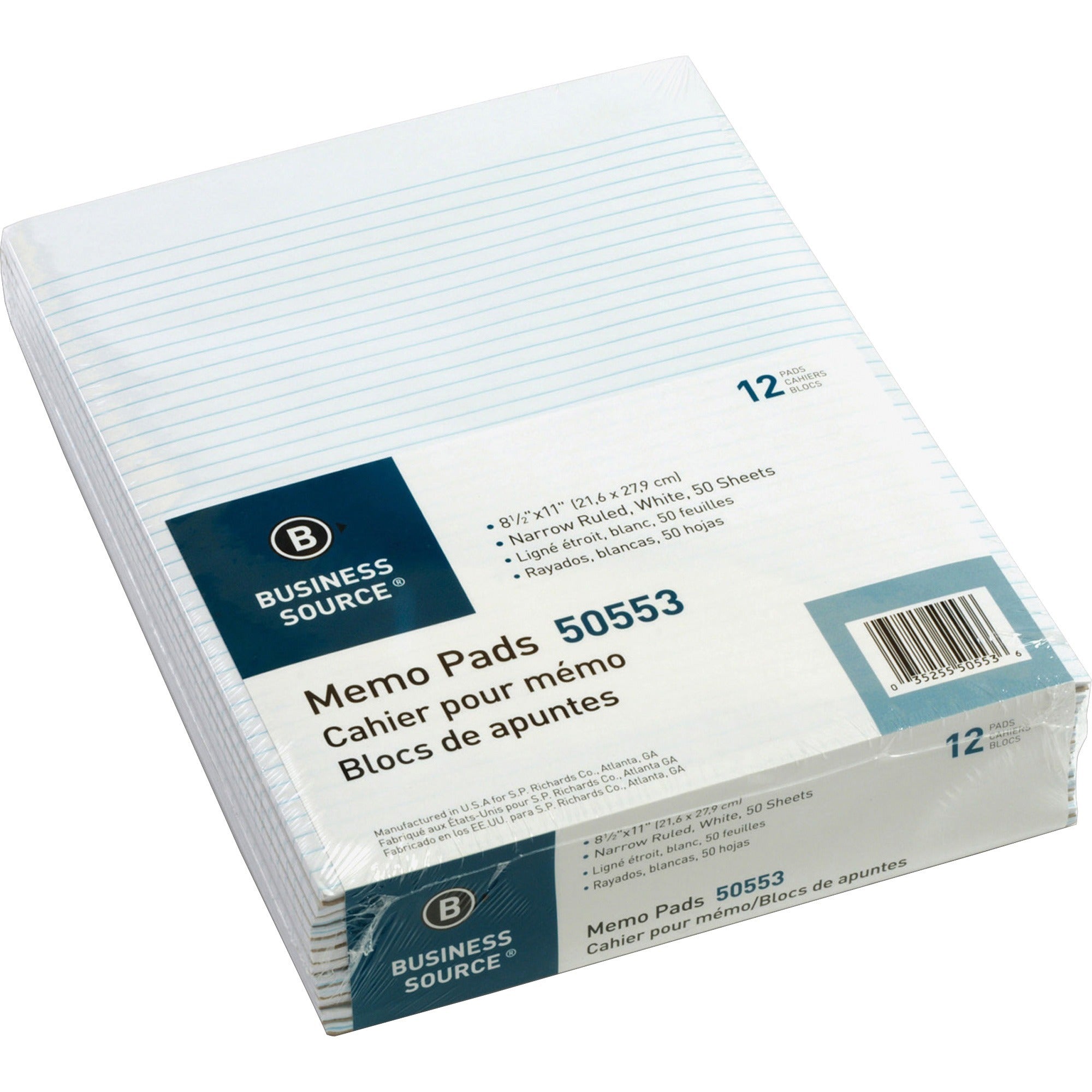 Business Source Glued Top Ruled Memo Pads - Letter - 50 Sheets - Glue - Narrow Ruled - 16 lb Basis Weight - Letter - 8 1/2" x 11" - White Paper - 1 Dozen -