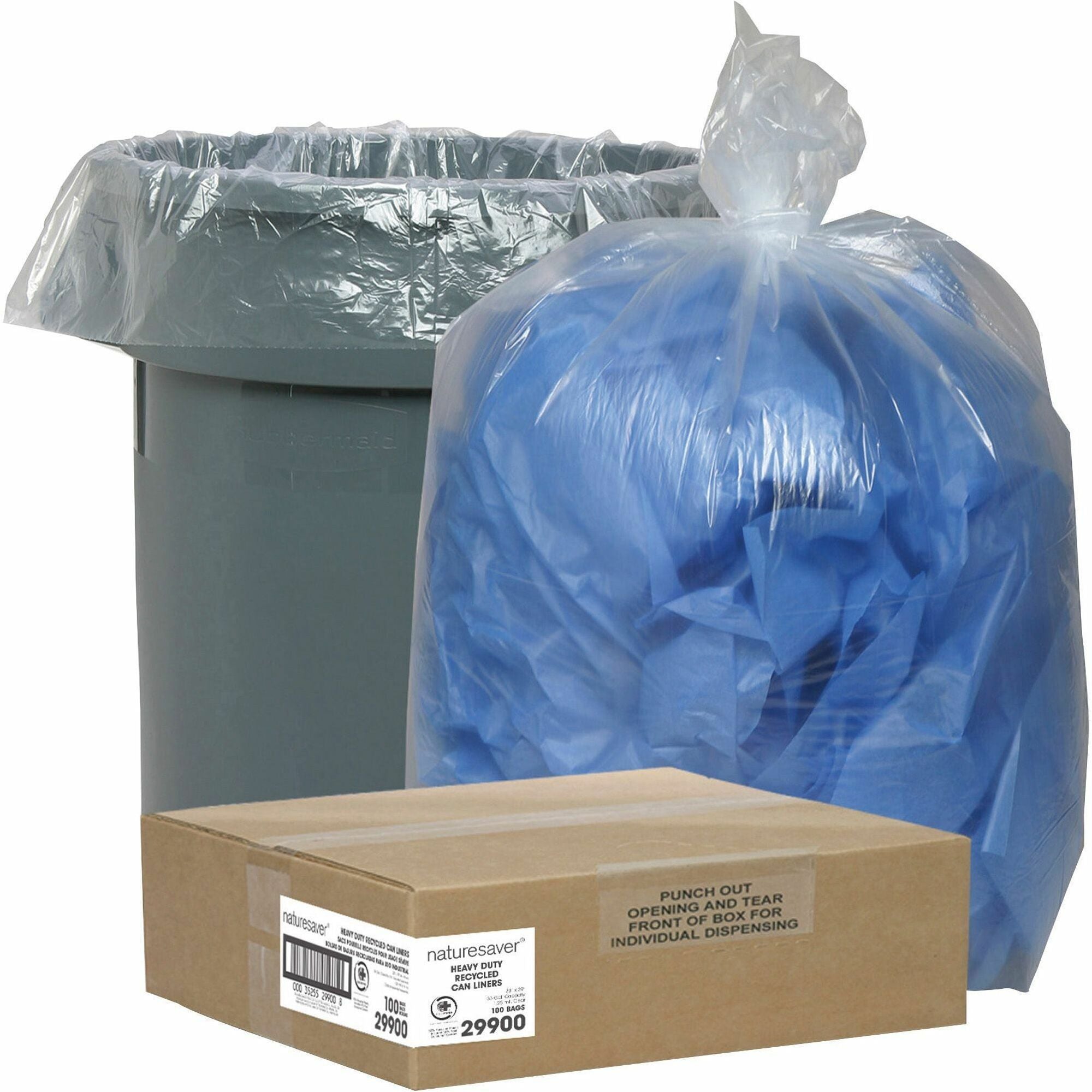 Nature Saver Recycled Trash Can Liners - Medium Size - 33 gal Capacity - 33" Width x 39" Length - 1.25 mil (32 Micron) Thickness - Low Density - Clear - 100/Carton - Pilferage Control - Recycled -