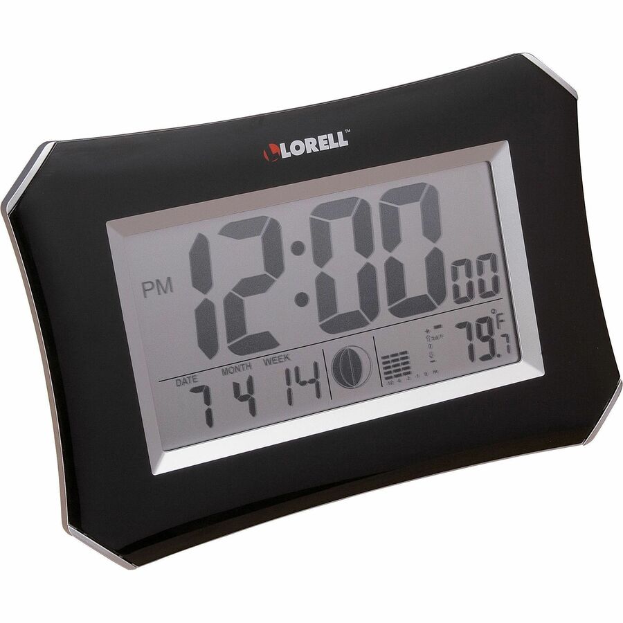 Lorell LCD Wall/Alarm Clock - Digital - Quartz - LCD - Black Main Dial - Silver/Plastic Case -