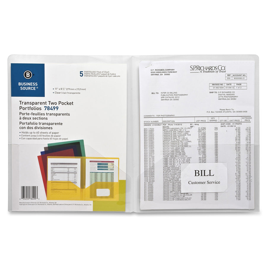 Business Source 78498 Letter Pocket Folder - 8 1/2" x 11" - 60 Sheet Capacity - 2 Pocket(s) - Poly - Clear - 5 / Pack -
