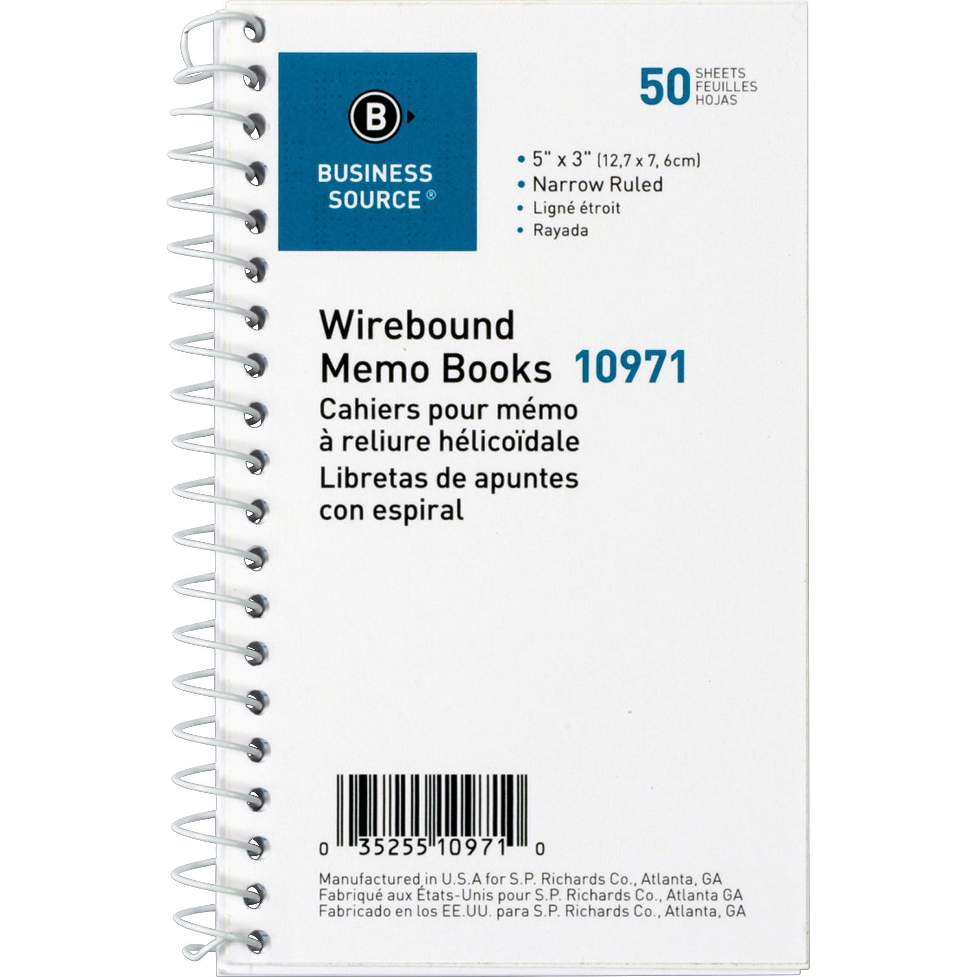 Business Source Side Wirebound Ruled Memo Book - 50 Sheet(s) - Wire Bound - 3" x 5" Sheet Size - White - 1 Dozen -