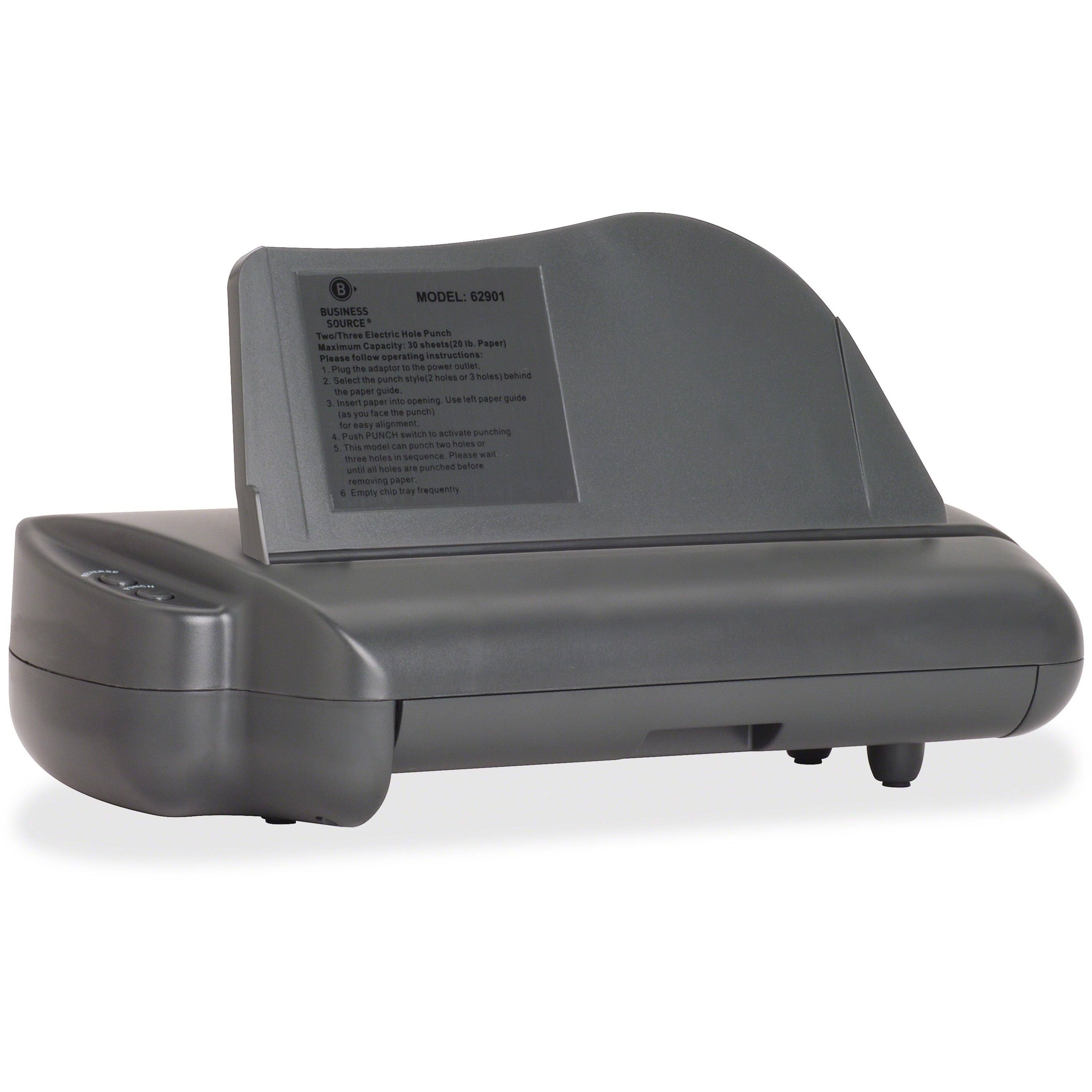 Business Source Electric Adjustable 3-hole Punch - 3 Punch Head(s) - 30 Sheet of 20lb Paper - 1/4" Punch Size - 17.8" x 5.3" x 8.3" - Gray -