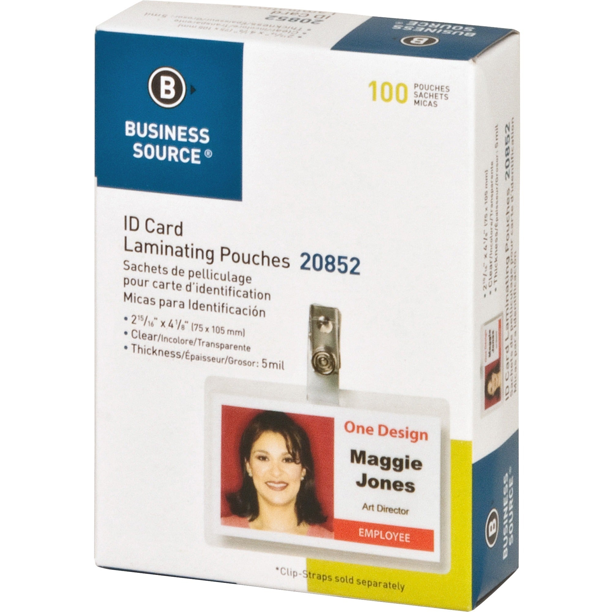 Business Source Government ID Laminating Pouches - Laminating Pouch/Sheet Size: 2.94" Width x 4.13" Length x 5 mil Thickness - for Photo, ID Badge, Recipe - Pre-trimmed - Clear - 100 / Box -