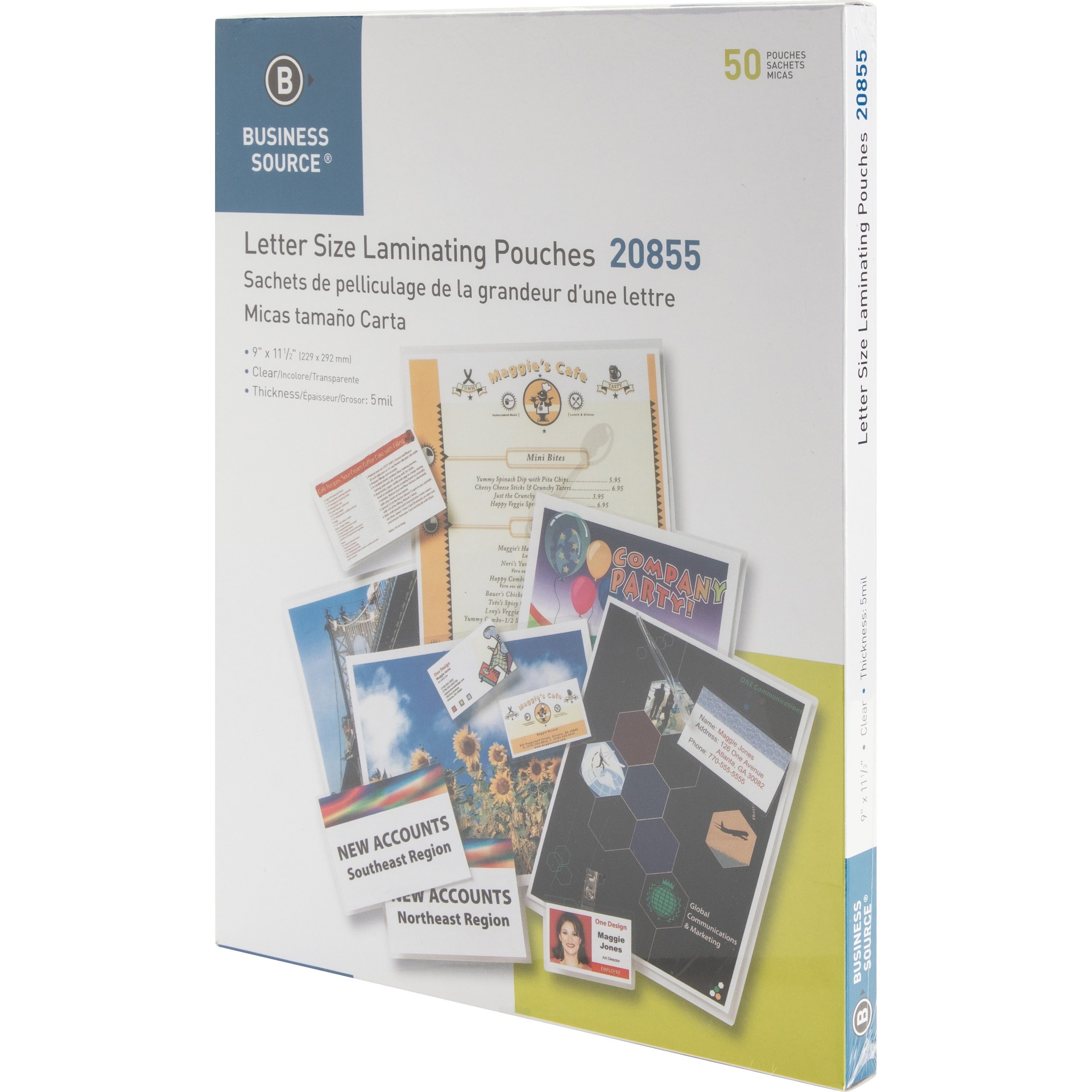 Business Source Letter Size Laminating Pouches - Sheet Size Supported: Letter 8.50" Width x 11" Length - Laminating Pouch/Sheet Size: 9" Width x 11.50" Length x 5 mil Thickness - for Photo, Document, ID Badge, Recipe - Pre-trimmed - Clear - 50 / Box -