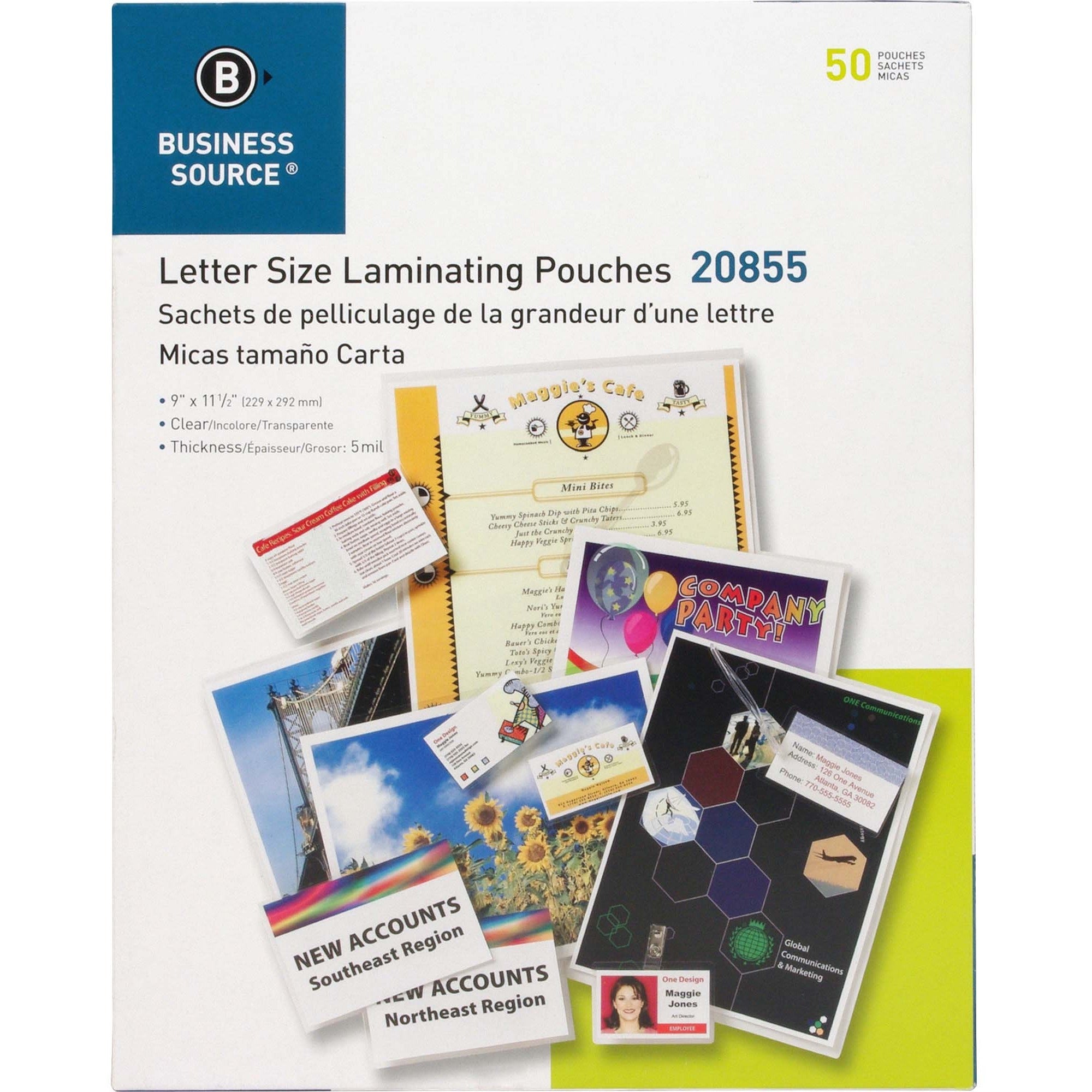 Business Source Letter Size Laminating Pouches - Sheet Size Supported: Letter 8.50" Width x 11" Length - Laminating Pouch/Sheet Size: 9" Width x 11.50" Length x 5 mil Thickness - for Photo, Document, ID Badge, Recipe - Pre-trimmed - Clear - 50 / Box -