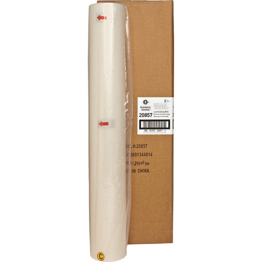 Business Source Glossy Surface Laminating Roll Film - Laminating Pouch/Sheet Size: 25" Width x 500 ft Length x 1.50 mil Thickness - for Document - Clear - 2 / Box -