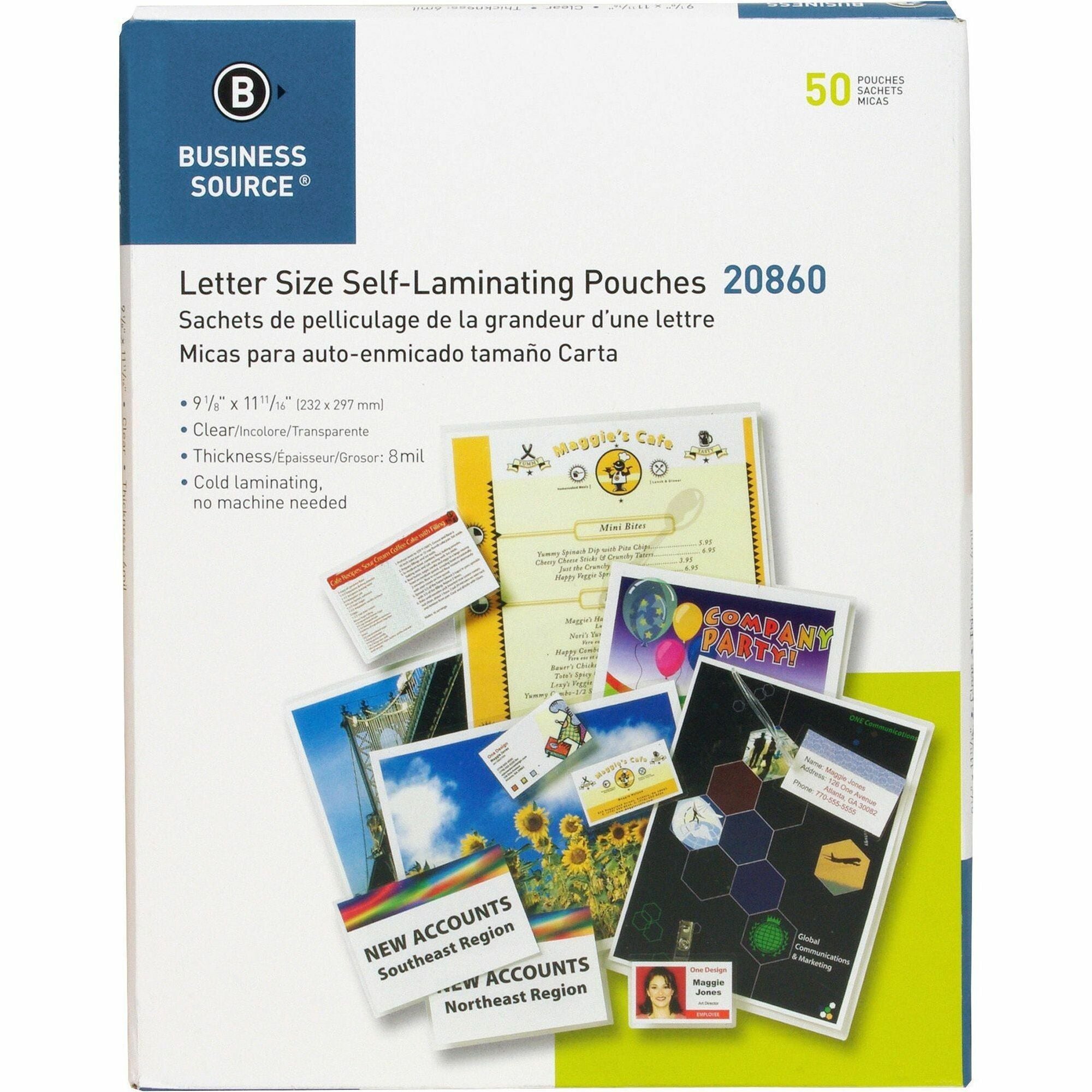 Business Source Laminating Document Pouches - Laminating Pouch/Sheet Size: 9" Width x 11.50" Length x 8 mil Thickness - for Document, ID Badge, Photo, Recipe - Pre-trimmed - Clear - 50 / Box -