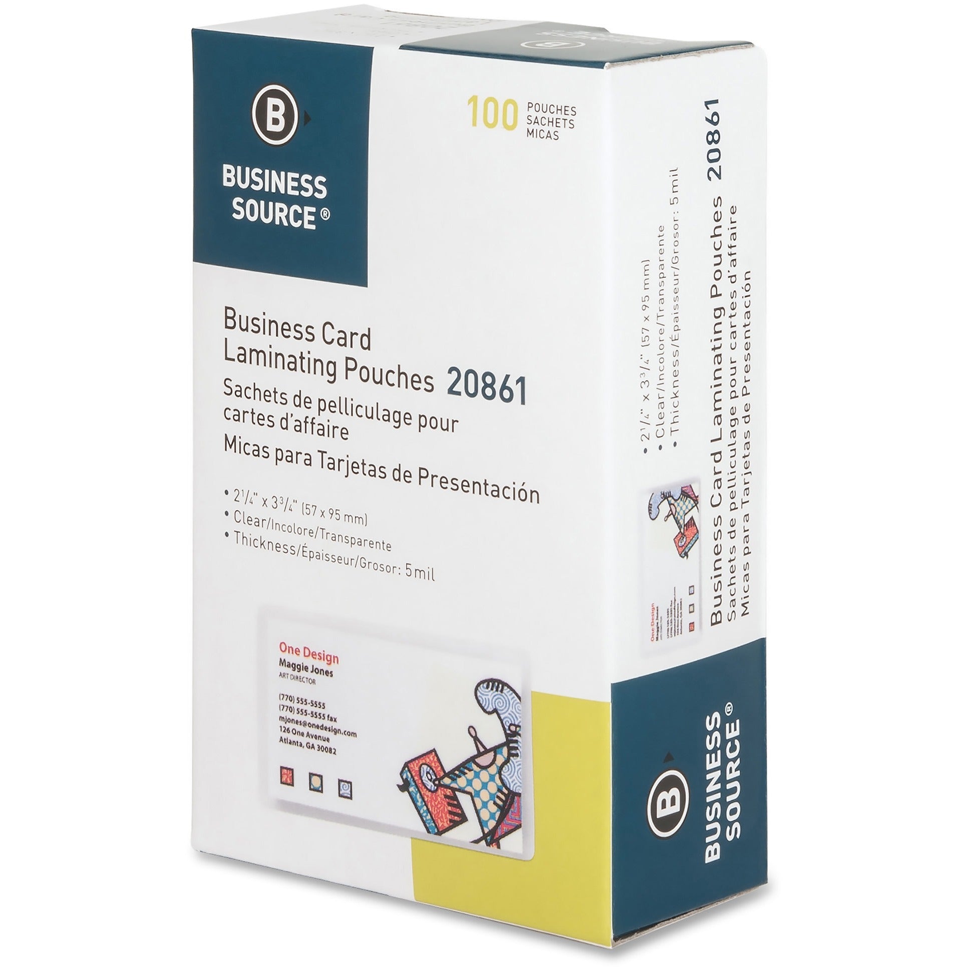 Business Source 5 mil Business Card Laminating Pouches - Laminating Pouch/Sheet Size: 2.25" Width x 3.75" Length x 5 mil Thickness - for Business Card - Pre-trimmed, Moisture Resistant, Fade Resistant - Clear - 100 / Box -