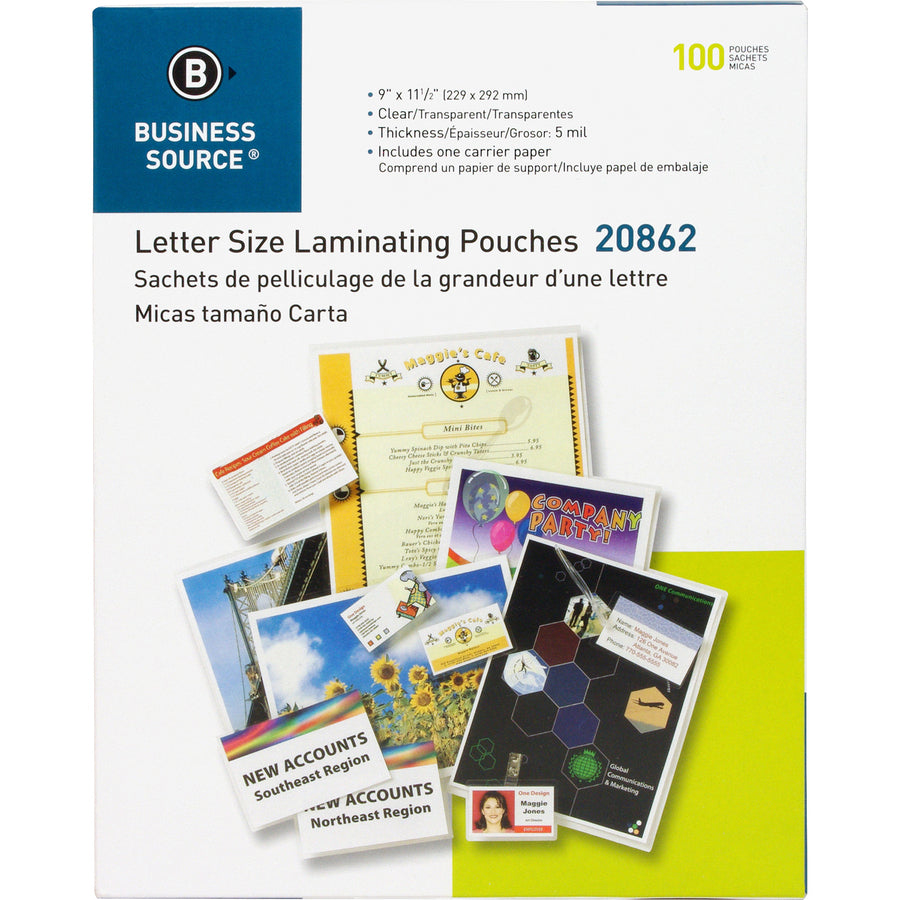 Business Source Laminating Pouches - Sheet Size Supported: Letter 8.50" Width x 11" Length x 5 mil Thickness - Laminating Pouch/Sheet Size: 9" Width x 11.50" Length - for Document, ID Badge, Photo, Recipe - Clear - 100 / Box -