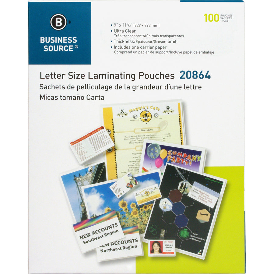 Business Source Laminating Pouches - Sheet Size Supported: Letter 8.50" Width x 11" Length - Laminating Pouch/Sheet Size: 9" Width x 11.50" Length x 5 mil Thickness - for Document, ID Badge, Photo, Recipe - Clear - 100 / Box -