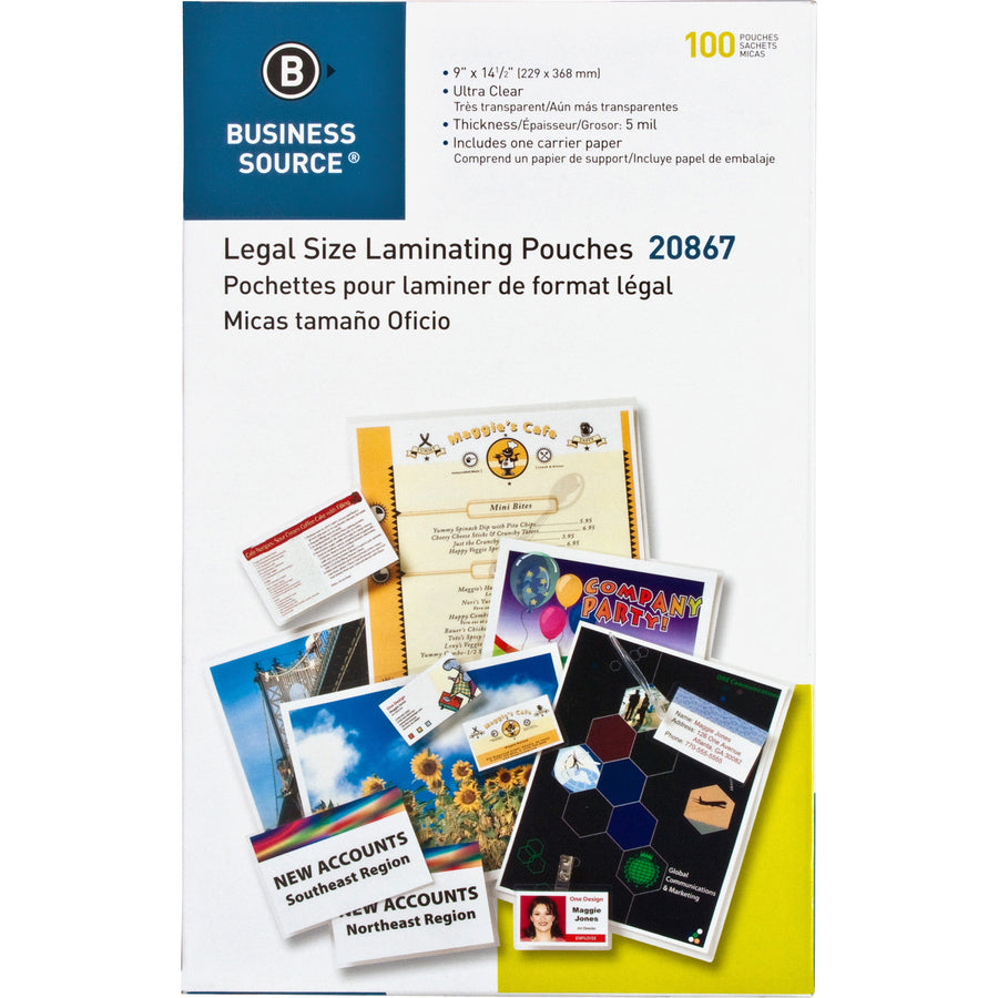 Business Source Clear Legal-Size Laminating Pouches - Laminating Pouch/Sheet Size: 9" Width x 14.50" Length x 5 mil Thickness - for Document, ID Badge, Recipe, Photo - Clear - 100 / Box -