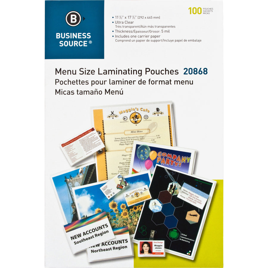 Business Source 5 mil Menu Laminating Pouches - Laminating Pouch/Sheet Size: 11.50" Width x 17.50" Length x 5 mil Thickness - for Menu, Document, Photo, Recipe Card - Clear - 100 / Box -
