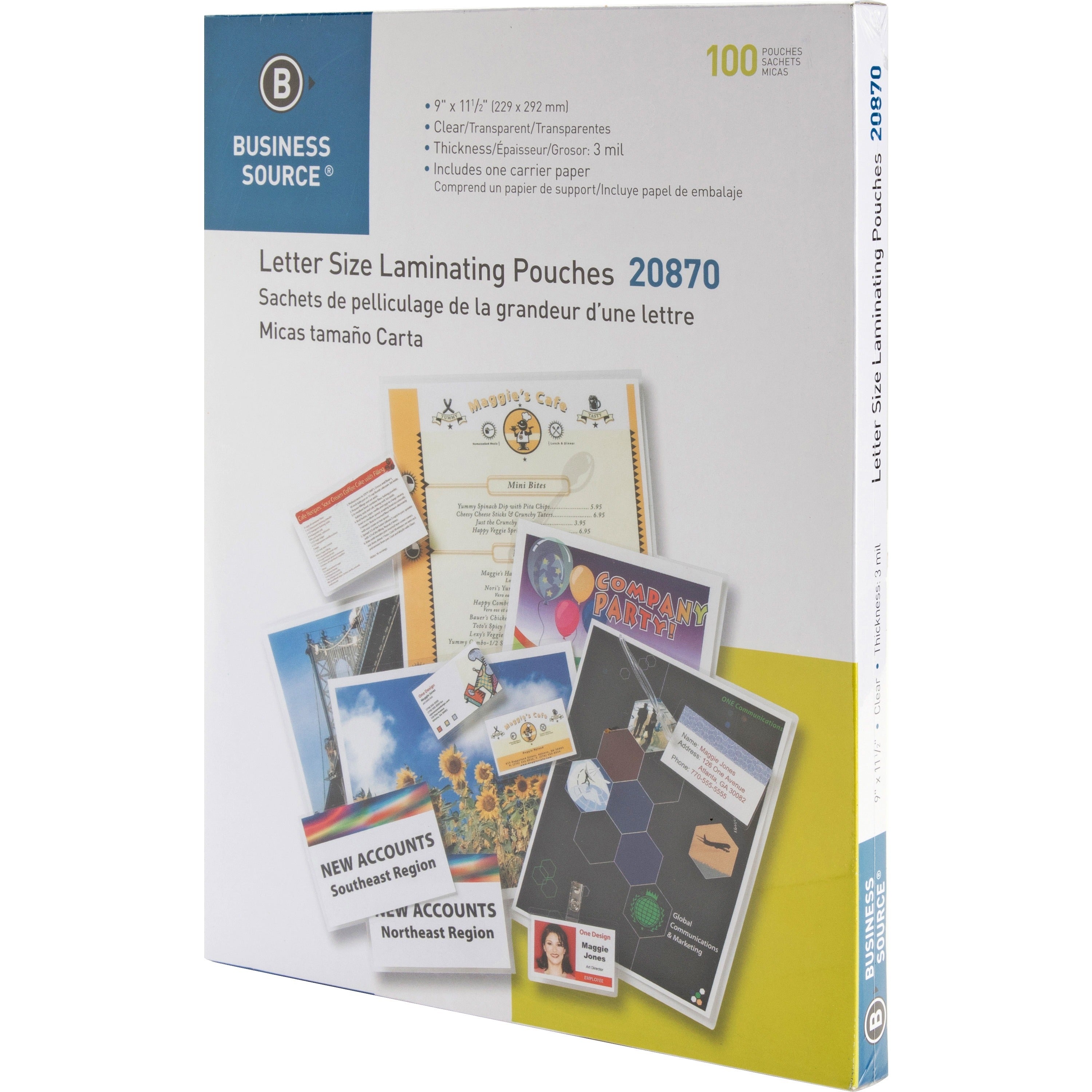 Business Source Letter Size Laminating Pouches - Laminating Pouch/Sheet Size: 9" Width x 11.50" Length x 3 mil Thickness - for Document, ID Badge, Menu, Photo - Clear - 100 / Box -