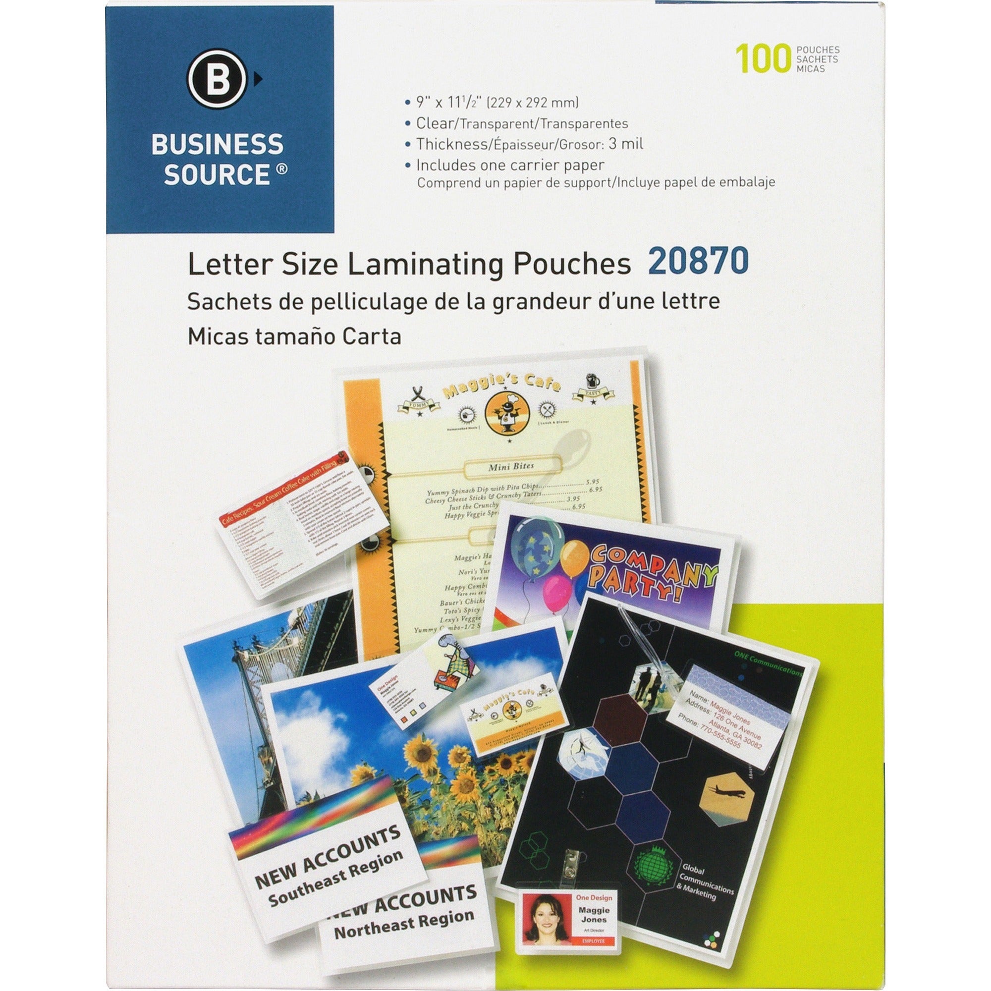 Business Source Letter Size Laminating Pouches - Laminating Pouch/Sheet Size: 9" Width x 11.50" Length x 3 mil Thickness - for Document, ID Badge, Menu, Photo - Clear - 100 / Box -