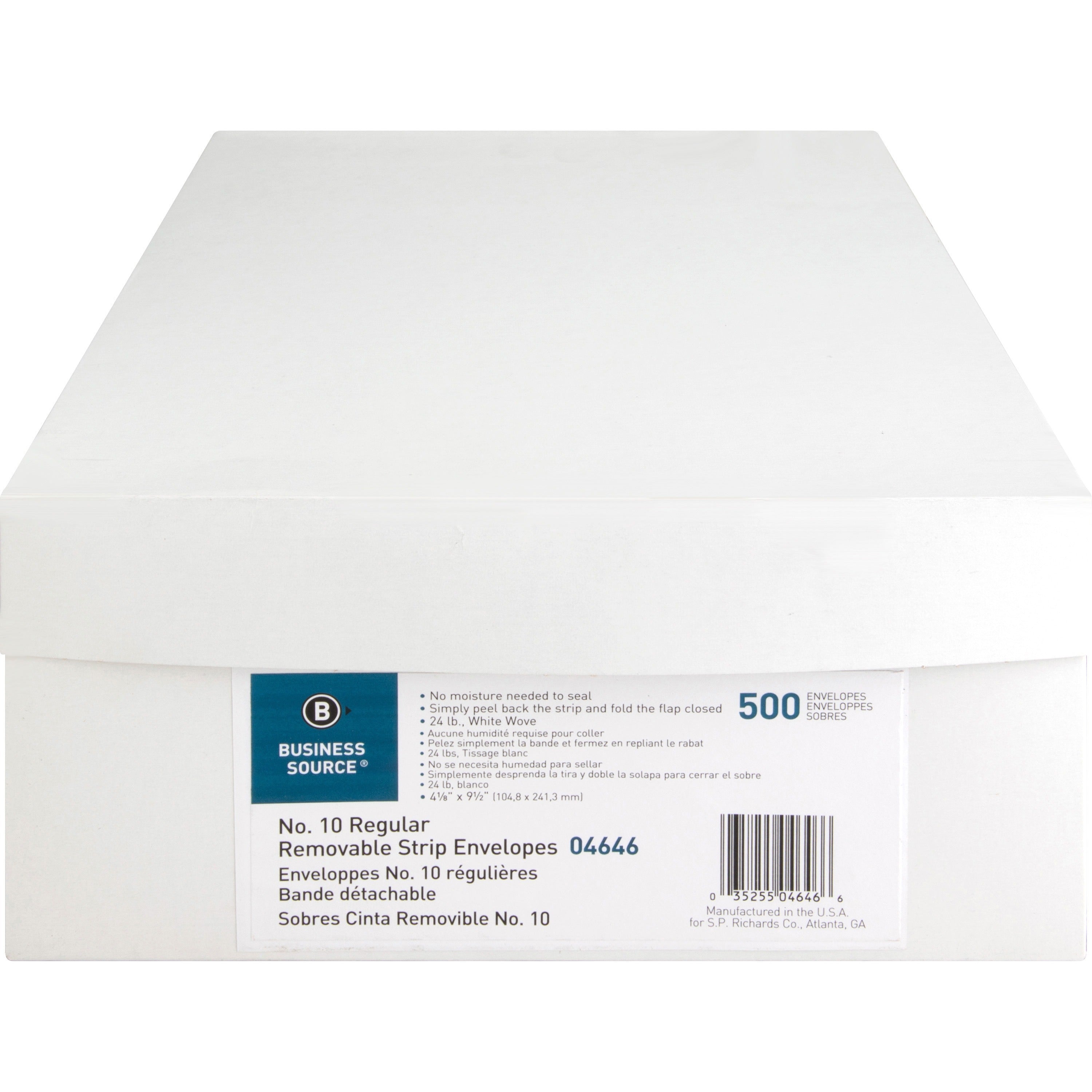 Business Source Plain Peel/Seal Business Envelopes - Business - #10 - 9 1/2" Width x 4 1/8" Length - 24 lb - Peel & Seal - Wove - 500 / Box - White -