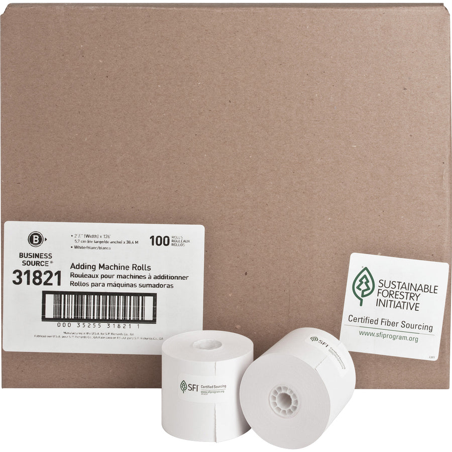 Business Source 1-Ply 126' Adding Machine Paper Rolls - 2 1/4" x 126 ft - 100 / Carton - Sustainable Forestry Initiative (SFI) - Lint-free - White -