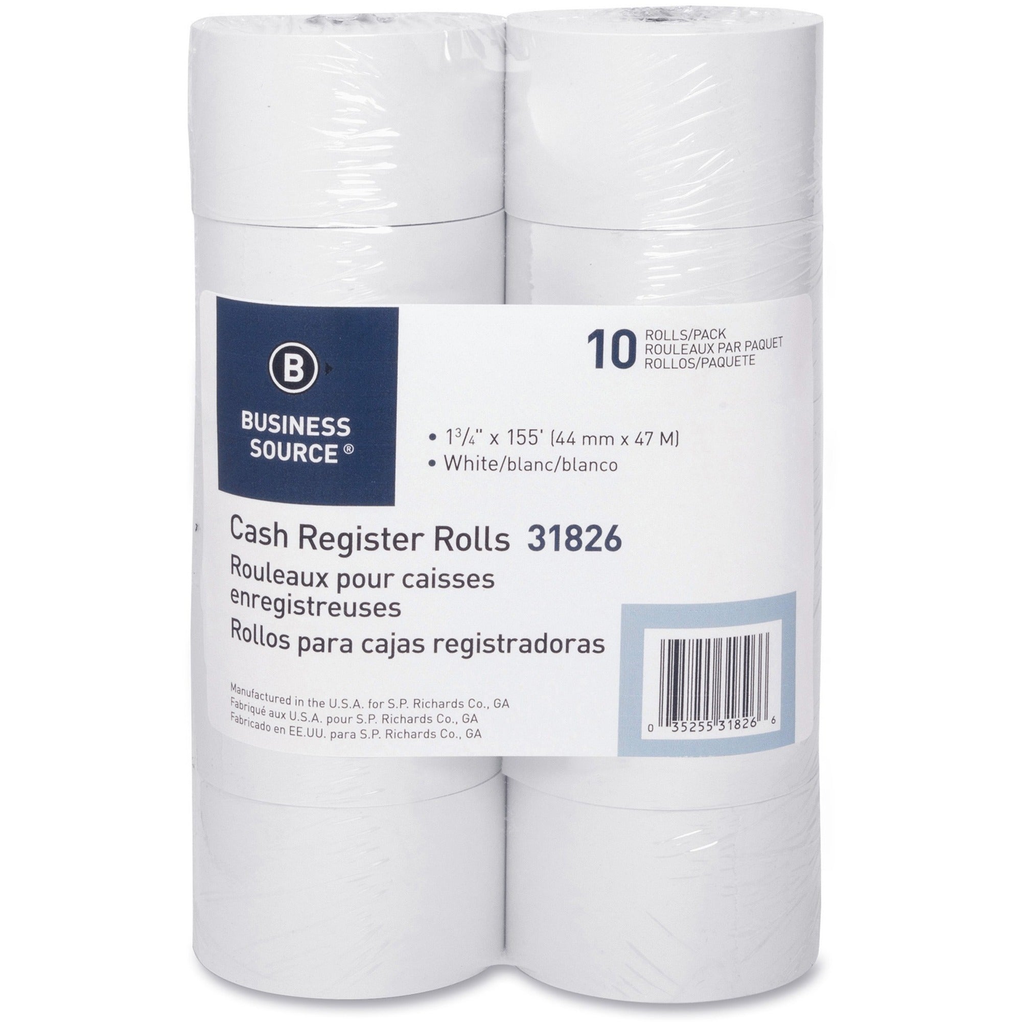 Business Source 1-Ply 155' Adding Machine Paper Rolls - 1 3/4" x 155 ft - 10 / Pack - Sustainable Forestry Initiative (SFI) - Lint-free - White -