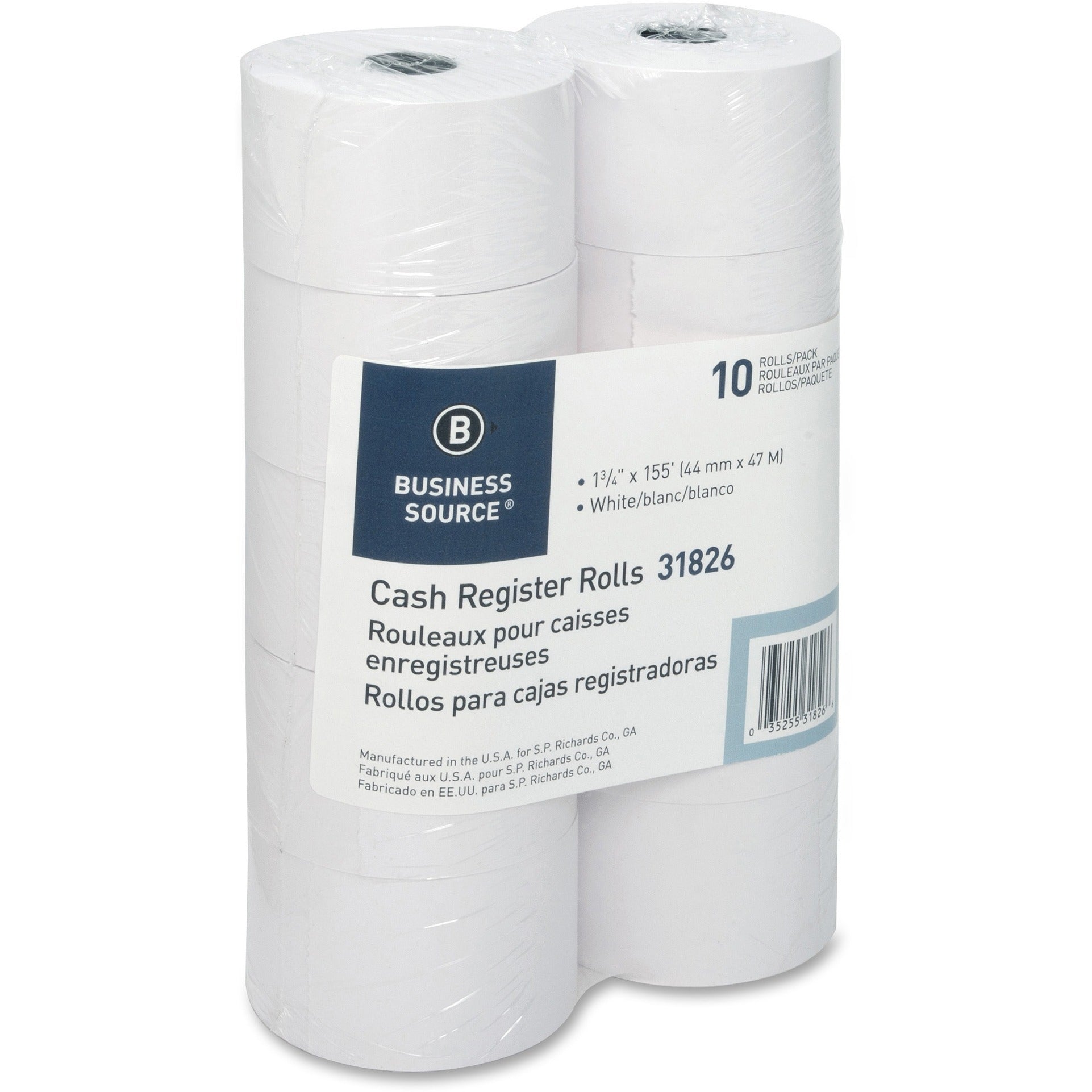 Business Source 1-Ply 155' Adding Machine Paper Rolls - 1 3/4" x 155 ft - 10 / Pack - Sustainable Forestry Initiative (SFI) - Lint-free - White -