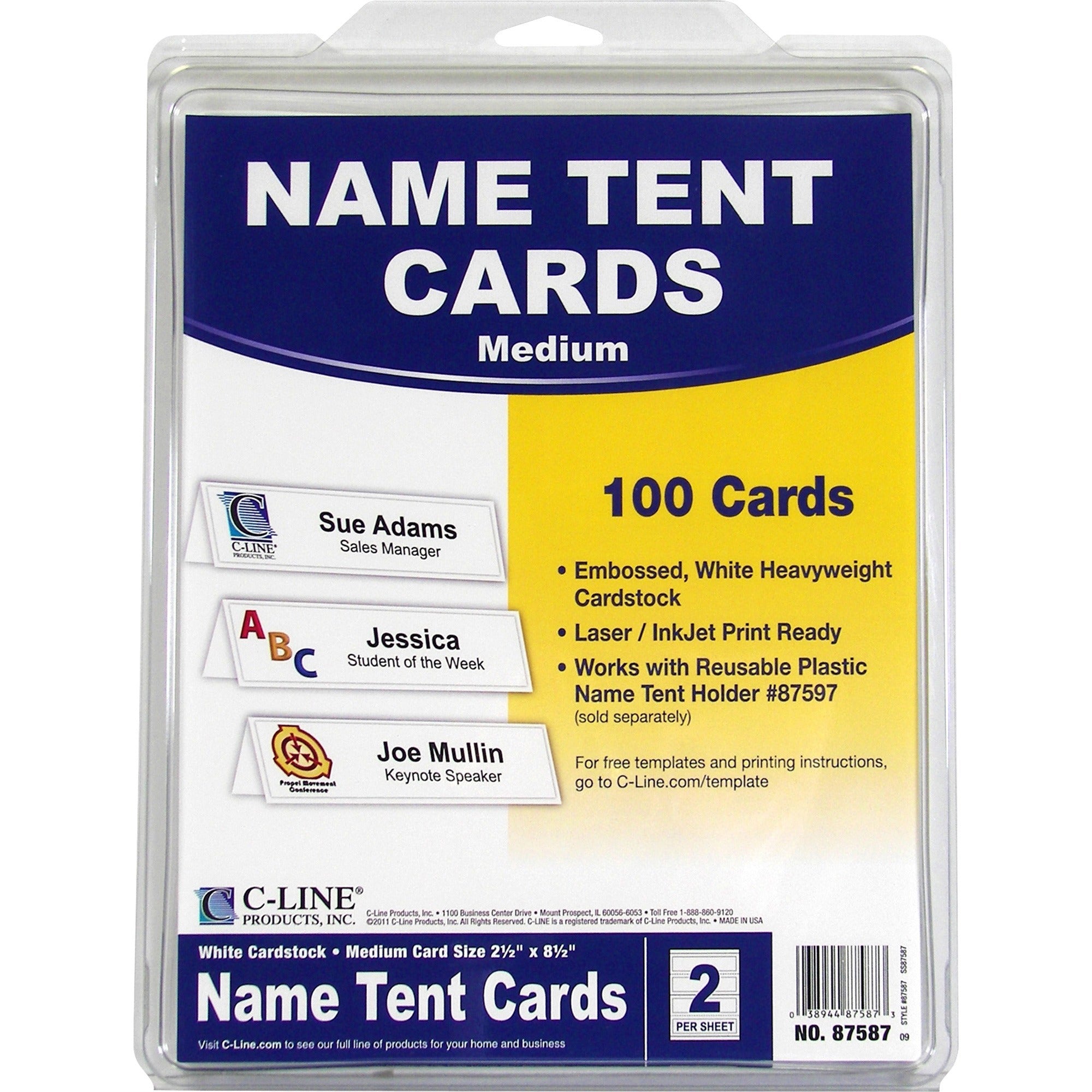 C-Line Embossed Cardstock Name Tents - Letter - 8 1/2" x 11" - 100 / Box - White -