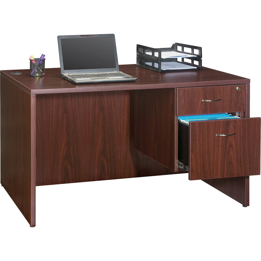 Lorell Essentials Series Rectangular Desk Shell - 47.3" x 29.5" x 1" x 29.5" - Finish: Laminate, Mahogany - Grommet, Modesty Panel, Cord Management, Adjustable Feet -