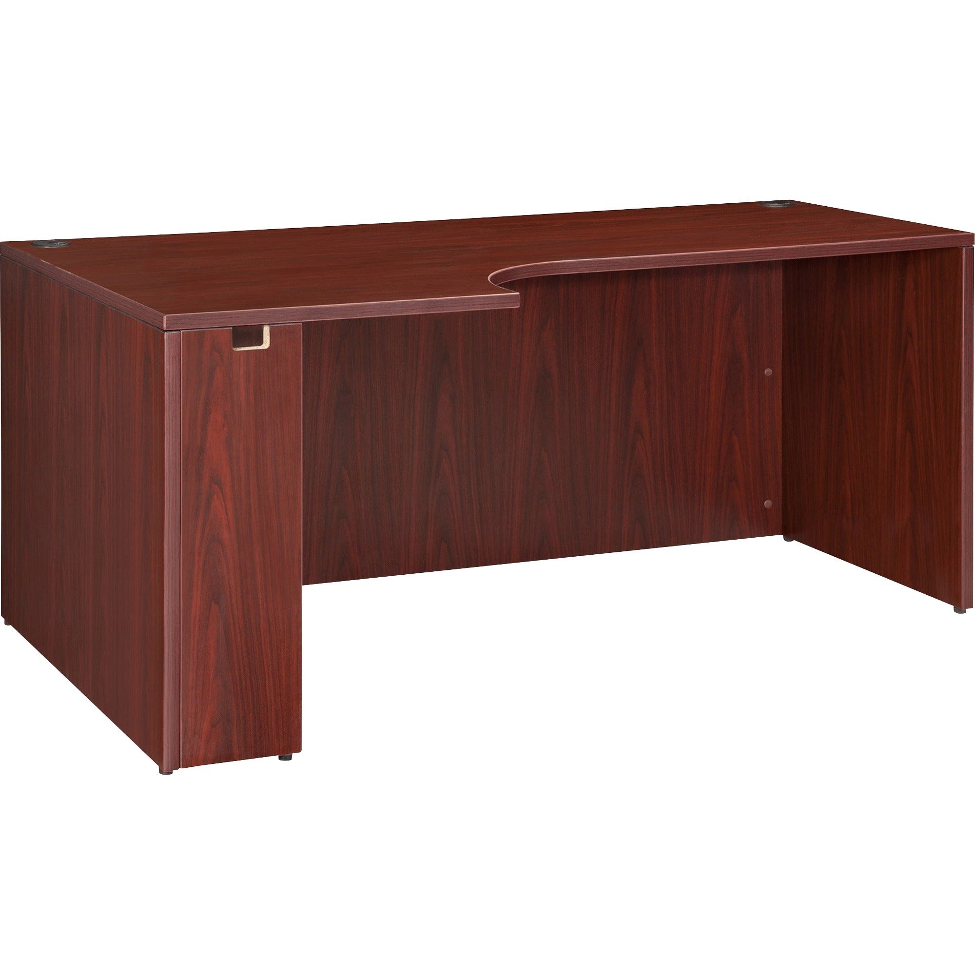 Lorell Essentials Series Left Corner Credenza - 70.9" x 35.4" x 29.5" - Finish: Laminate, Mahogany - Leveling Glide -