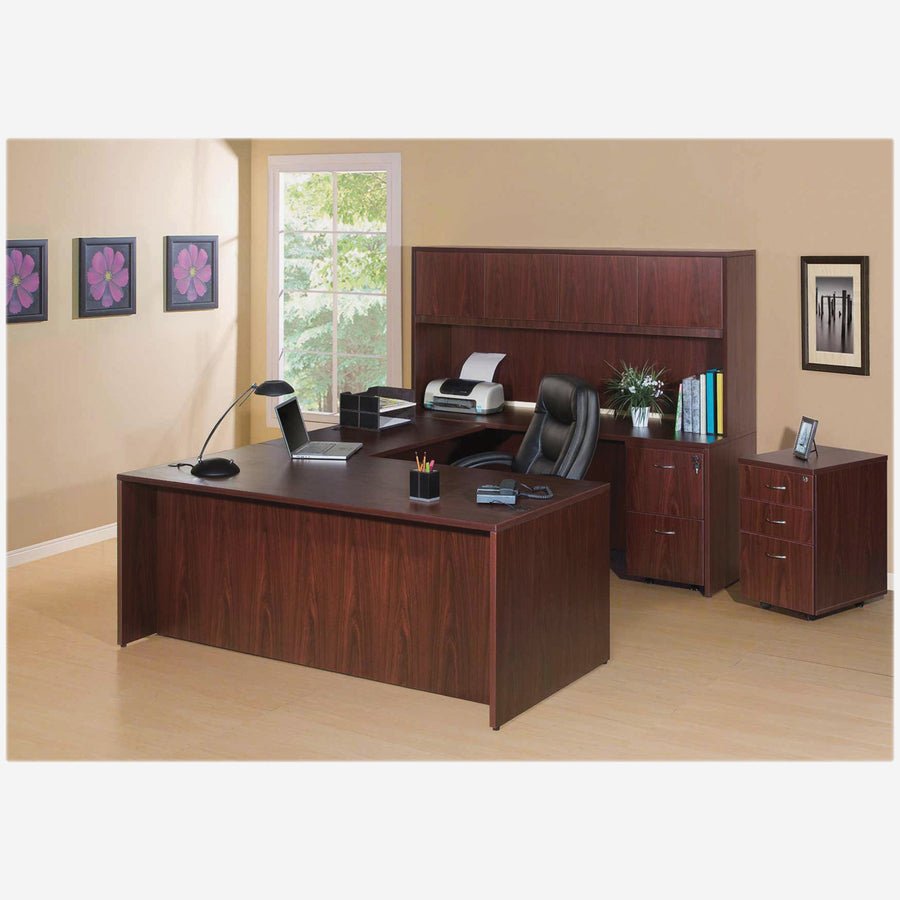 Lorell Essentials Series Left Corner Credenza - 66.1" x 35.4" x 29.5" - Finish: Laminate, Mahogany - Leveling Glide -