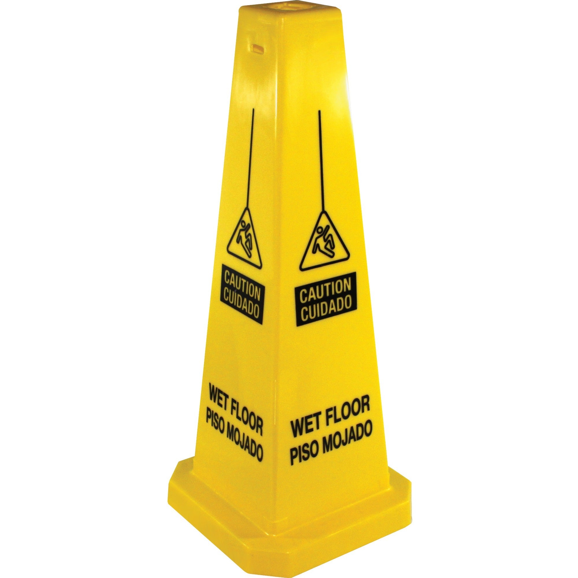 Genuine Joe Bright 4-sided Caution Safety Cone - 1 Each - English, Spanish - 10" Width x 24" Height x 10" Depth - Cone Shape - Stackable - Industrial - Polypropylene - Yellow -