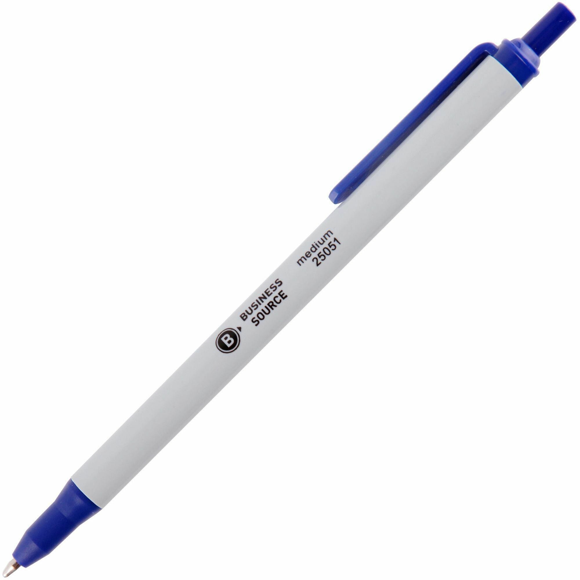 Business Source Retractable Ballpoint Pens - Medium Pen Point - Retractable - Blue - Gray Barrel - 1 Dozen -
