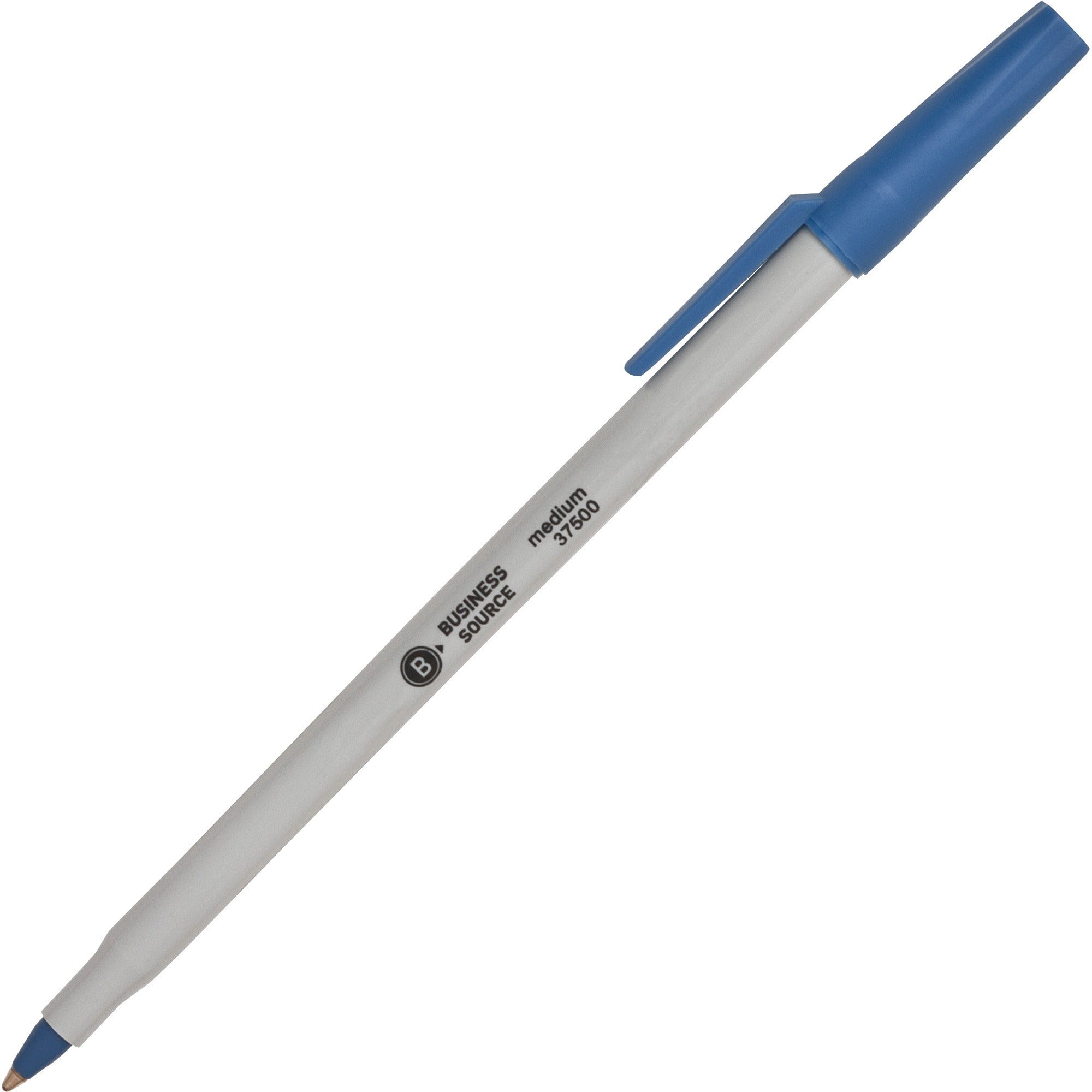 Business Source Medium Point Ballpoint Stick Pens - Medium Pen Point - Blue - Light Gray Barrel - Stainless Steel Tip - 1 Dozen -
