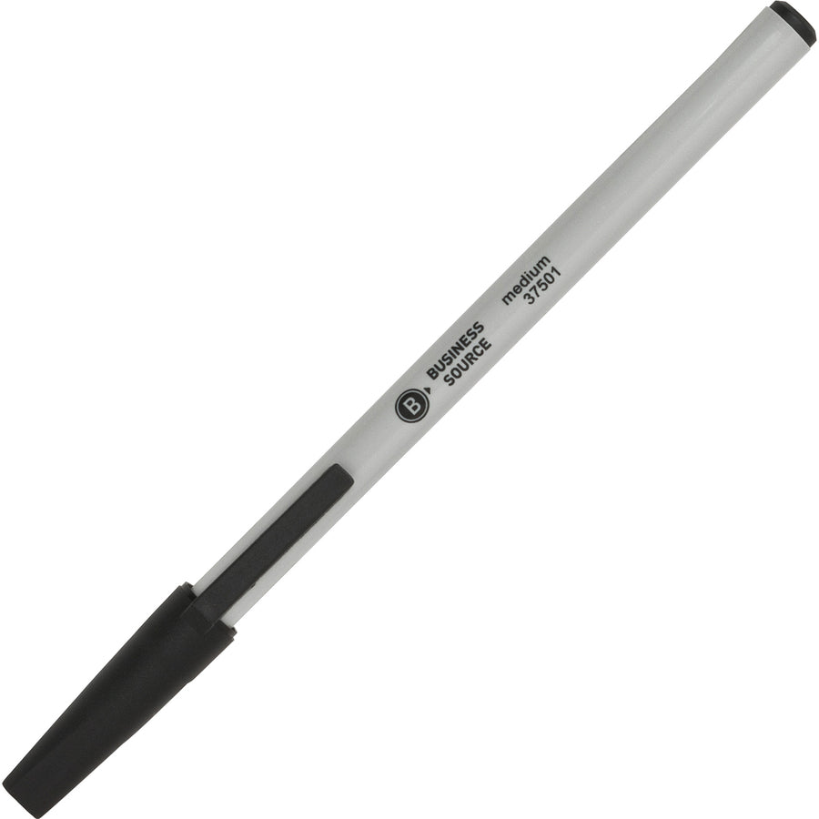Business Source Medium Point Ballpoint Stick Pens - Medium Pen Point - Black - Light Gray Barrel - Stainless Steel Tip - 1 Dozen -
