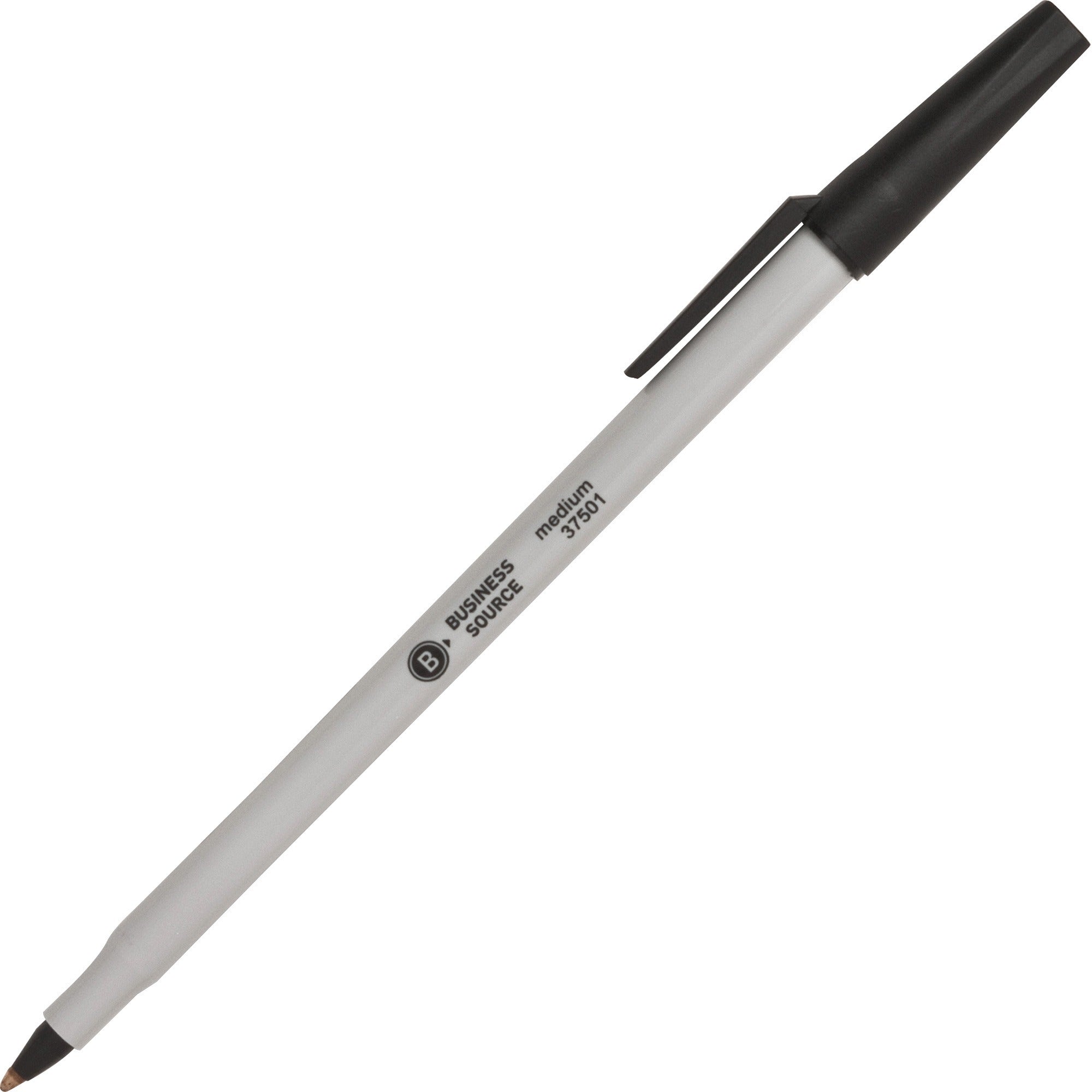 Business Source Medium Point Ballpoint Stick Pens - Medium Pen Point - Black - Light Gray Barrel - Stainless Steel Tip - 1 Dozen -