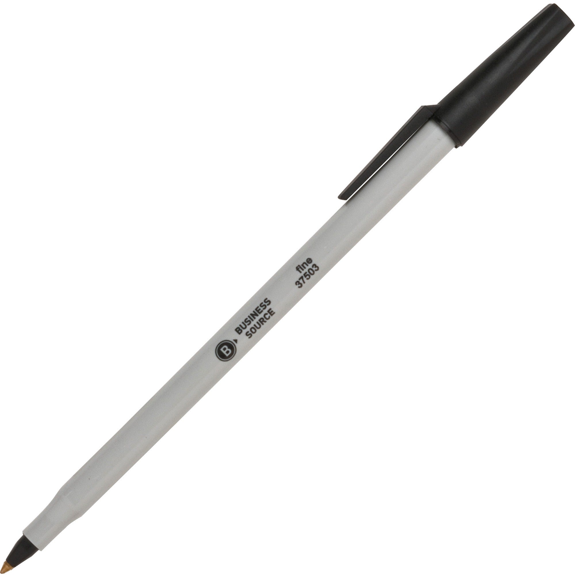 Business Source Fine Point Ballpoint Stick Pens - Fine Pen Point - Black - Light Gray Barrel - Stainless Steel Tip - 1 Dozen -