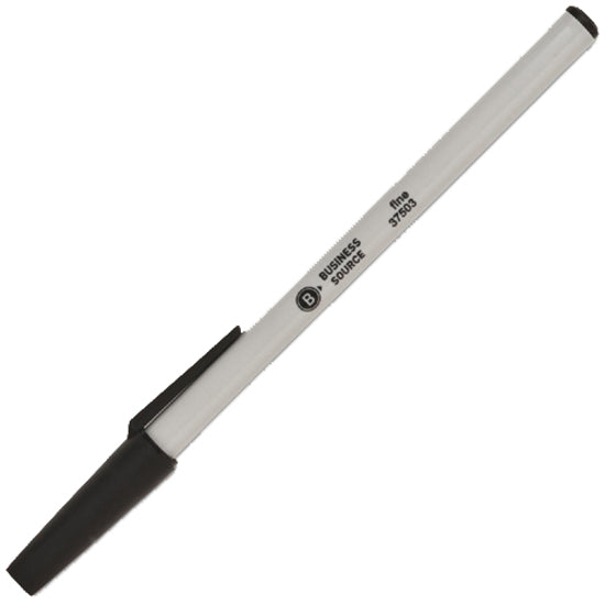 Business Source Fine Point Ballpoint Stick Pens - Fine Pen Point - Black - Light Gray Barrel - Stainless Steel Tip - 1 Dozen -