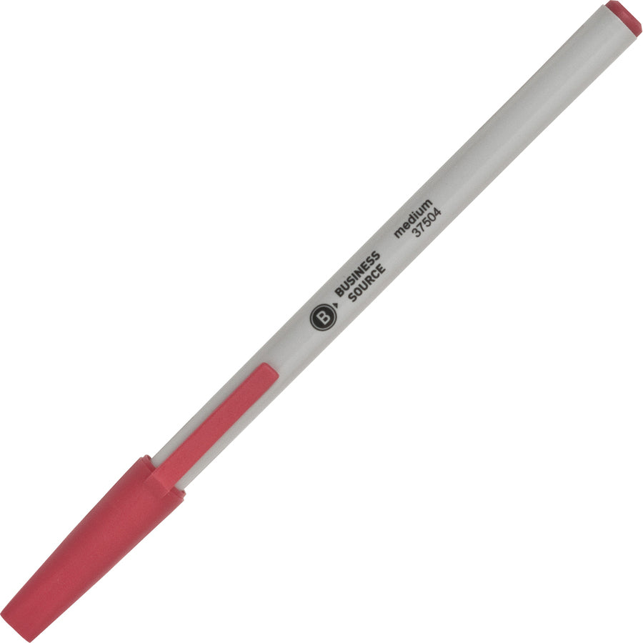 Business Source Medium Point Ballpoint Stick Pens - Medium Pen Point - Red - Light Gray Barrel - Stainless Steel Tip - 1 Dozen -