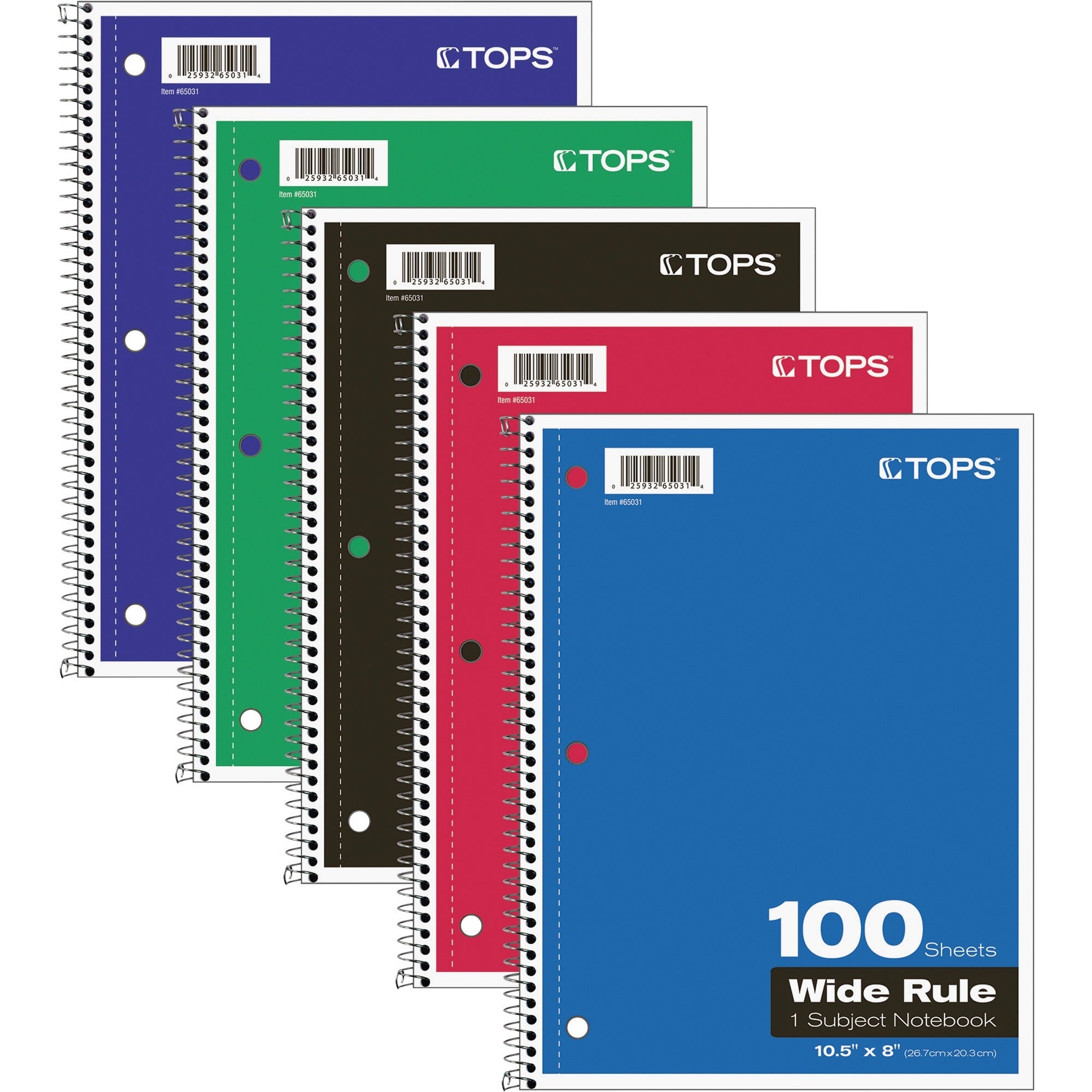 TOPS Wide Rule 1-subject Spiral Notebook - 100 Sheets - Wire Bound - 10 1/2" x 8" - 0.25" x 8" x 10.5" - Assorted Paper - BlackCard Stock, Red, Blue, Green, Purple Cover - Perforated, Subject, Easy Tear, Durable Cover - 1 Each -