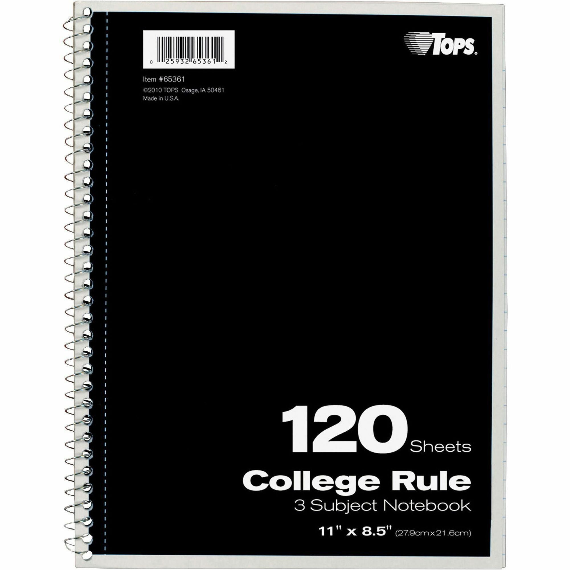 TOPS 3 - subject College Ruled Notebook - Letter - 120 Sheets - Wire Bound - Letter - 8 1/2" x 11" - 0.25" x 8.5" x 11" - Assorted Paper - Black, Red, Blue, Green, Purple Cover - Divider, Perforated - 1 Each -