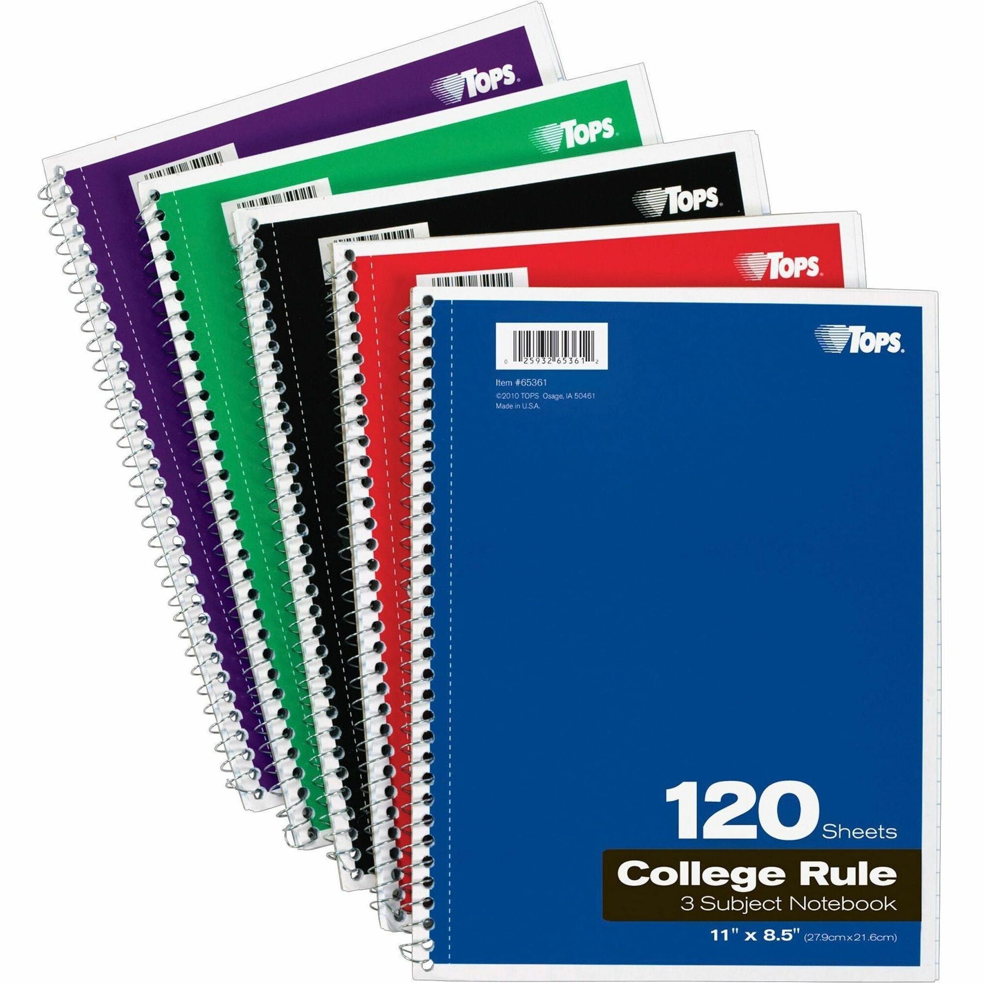 TOPS 3 - subject College Ruled Notebook - Letter - 120 Sheets - Wire Bound - Letter - 8 1/2" x 11" - 0.25" x 8.5" x 11" - Assorted Paper - Black, Red, Blue, Green, Purple Cover - Divider, Perforated - 1 Each -