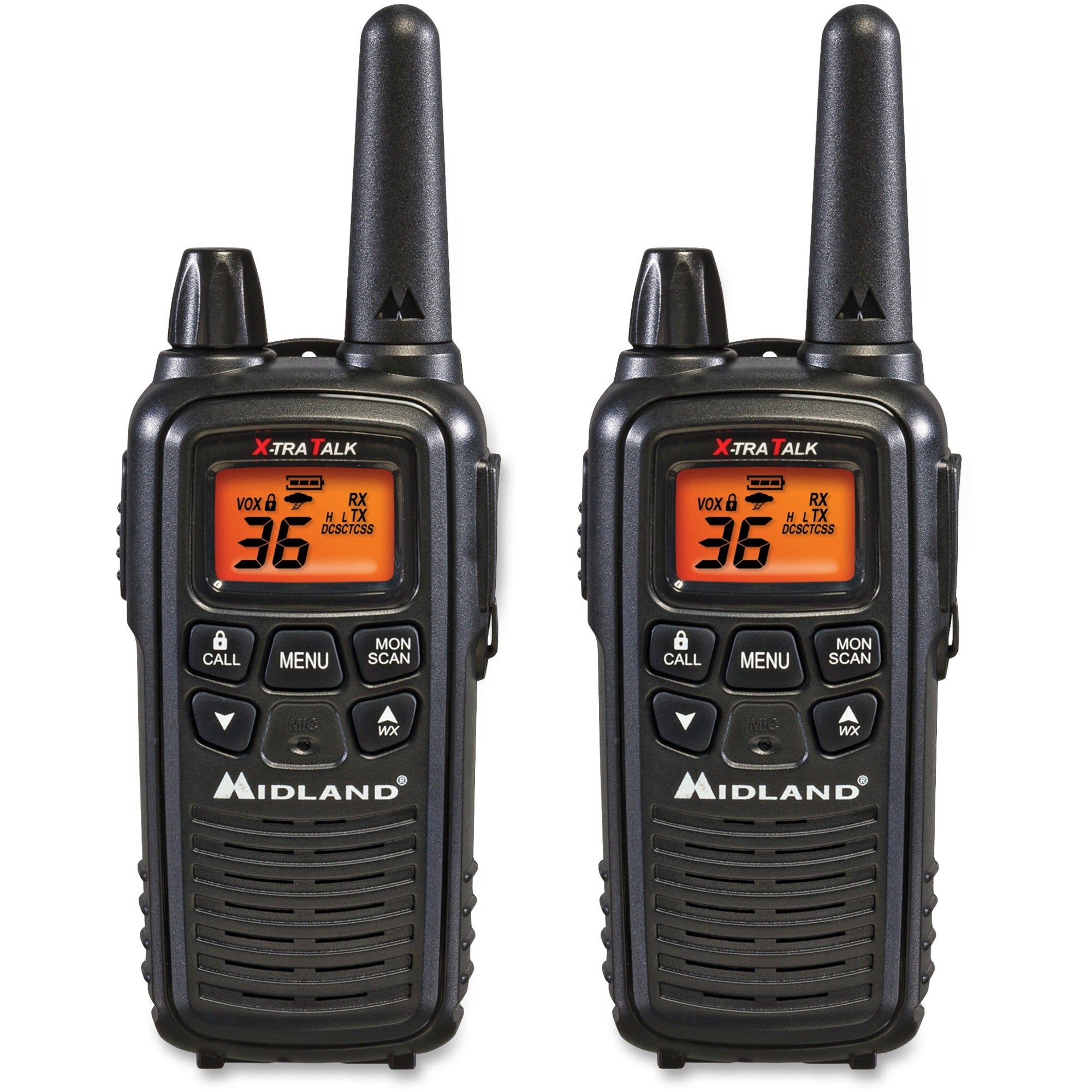 Midland LXT600VP3 Two-Way Radio - 36 Radio Channels - 22 GMRS/FRS - Upto 158400 ft - 121 Total Privacy Codes - Hands-free, Silent Operation - Water Resistant - Black - 2 Each -