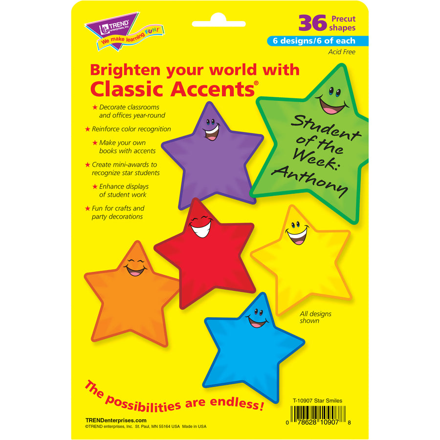 Trend Smiling Stars Accents - 36 x Smiley Star Shape - Precut - 5.50" Height - Assorted - 36 / Pack -