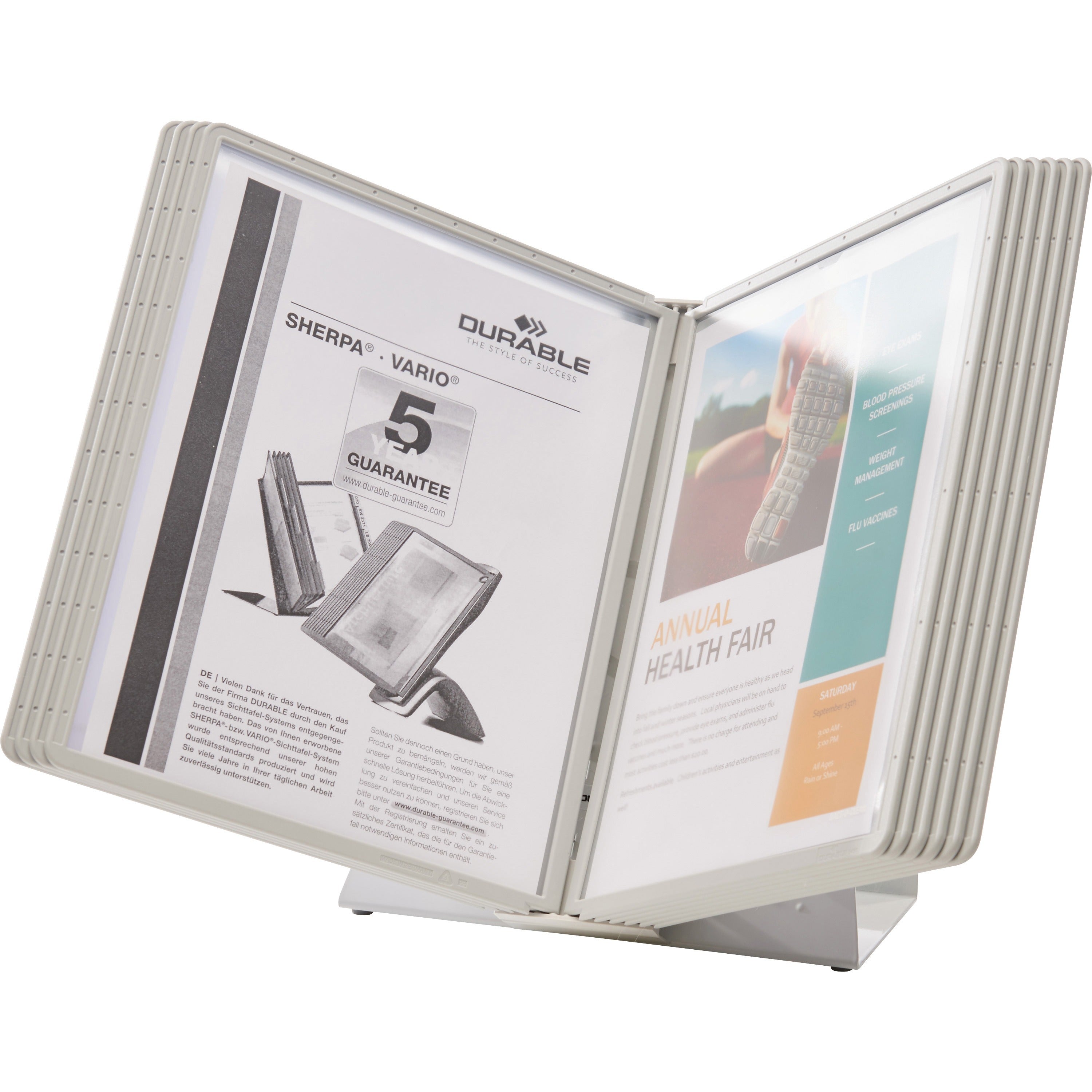 DURABLE VARIO Antimicrobial Desktop Reference Display System - Desktop - 10 Double Sided Panels - Letter Size - Antimicrobial Polypropylene Sleeves - Anti-Reflective/Non-Glare - Gray -