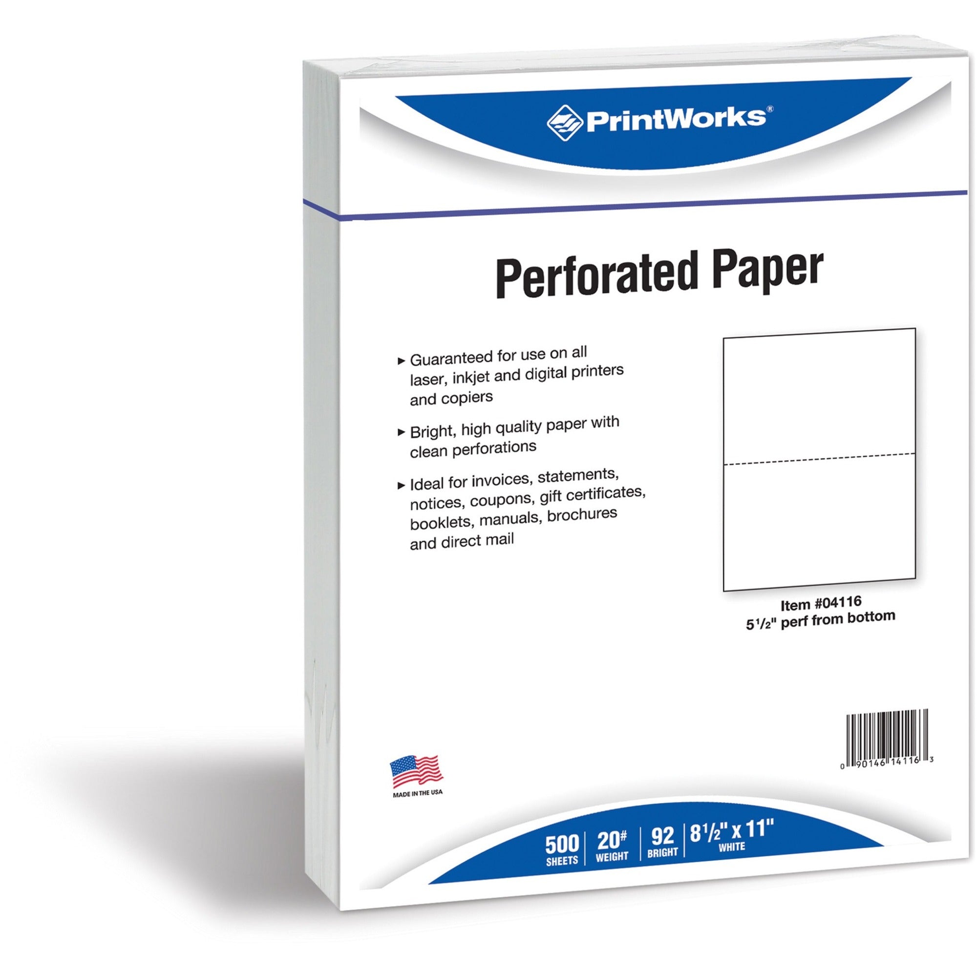 PrintWorks Professional Pre-Perforated Paper for Statements, Tax Forms, Bulletins, Planners & More - Letter - 8 1/2" x 11" - 20 lb Basis Weight - 500 / Ream - Sustainable Forestry Initiative (SFI) - Perforated - White -