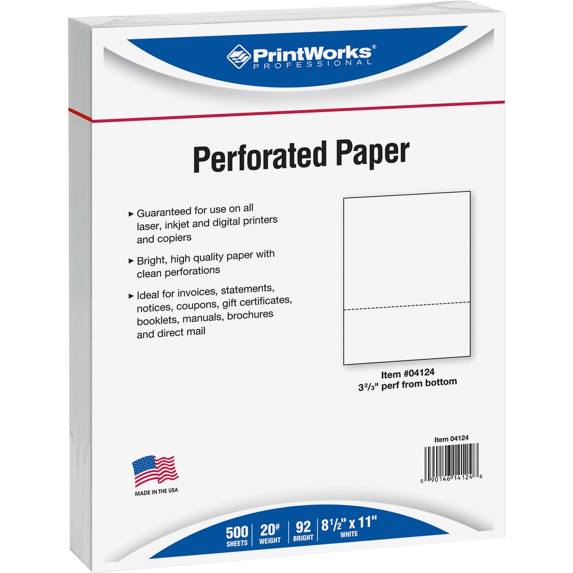 PrintWorks Professional Pre-Perforated Paper for Invoices, Statements, Gift Certificates & More - Letter - 8 1/2" x 11" - 20 lb Basis Weight - Smooth - 500 / Ream - Sustainable Forestry Initiative (SFI) - Perforated - White -