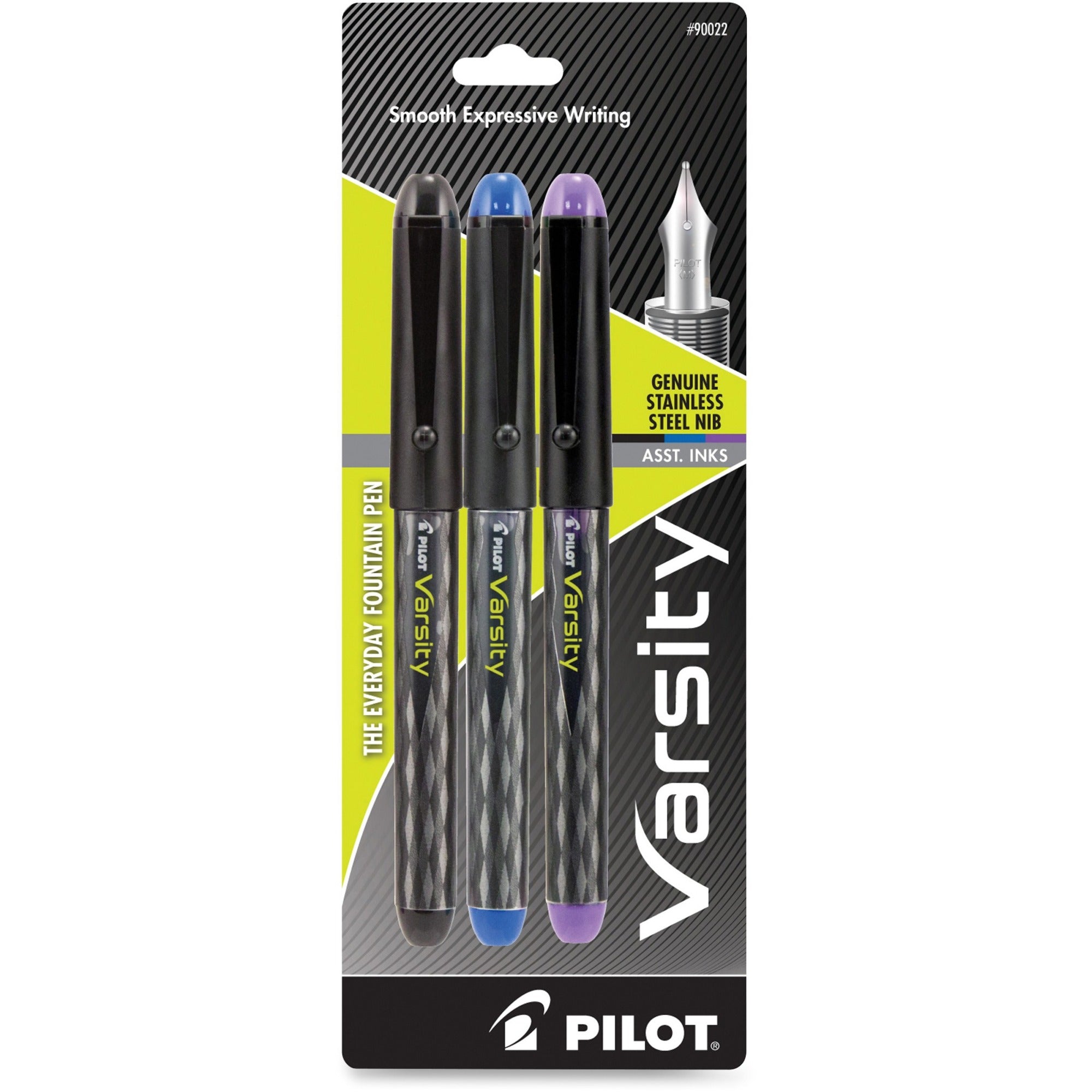 Pilot Varsity Disposable Fountain Pens - Medium Pen Point - Black, Blue, Purple - Black Barrel - 3 / Pack -
