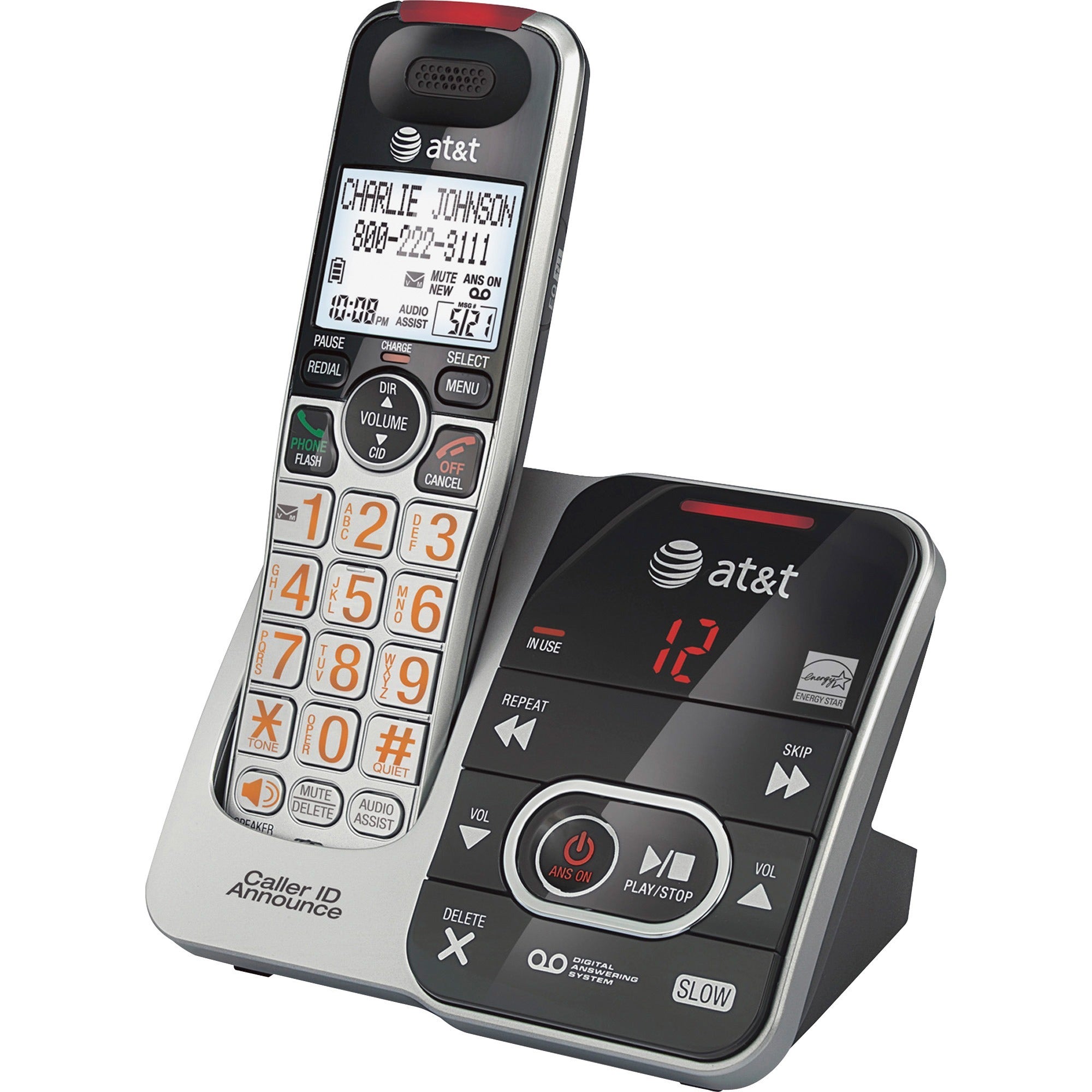 AT&T CRL32102 DECT 6.0 Expandable Cordless Phone with Answering System and Caller ID/Call Waiting, Silver/Black, 1 Handset - 1 x Phone Line -