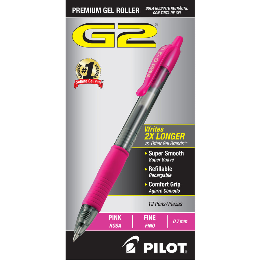 Pilot G2 -7 Retractable Gel Roller Pens - Fine Pen Point - 0.7 mm Pen Point Size - Refillable - Retractable - Pink Gel-based Ink - Translucent Barrel - 1 Dozen -